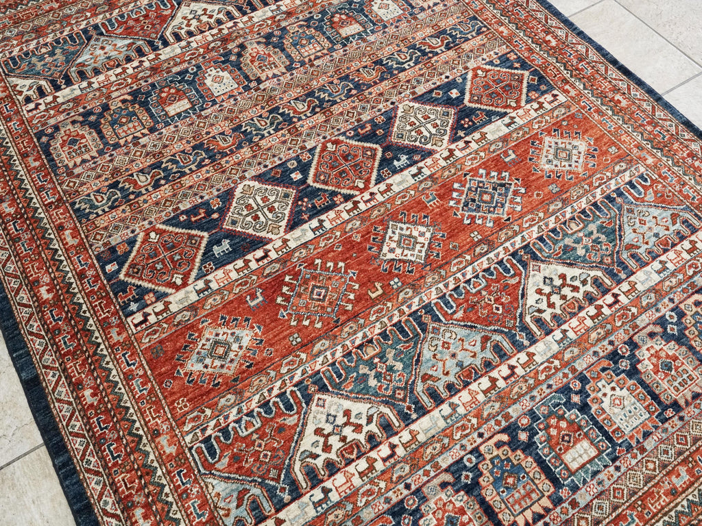 5x7 Ft Red & Blue Heriz Rug - Handmade Area Rug - Geometric Design