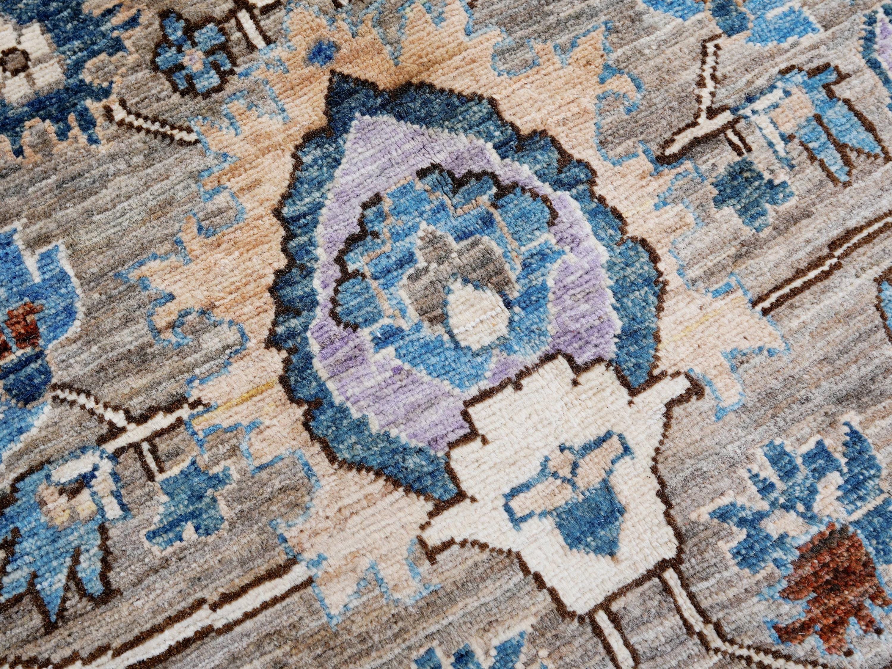 9x12 Ft Brown & Blue Serapi Rug - Hand Knotted Afghan Oriental Rug