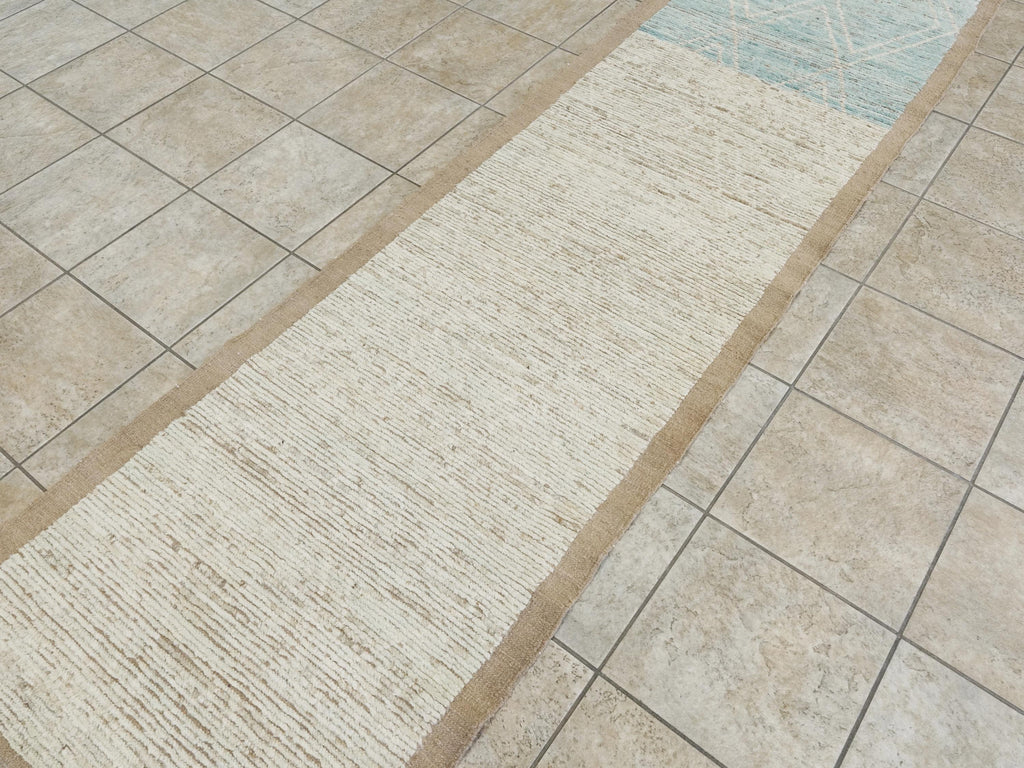 10 Ft Blue Moroccan Wool Runner Rug - Hand Knotted Hallway Rug