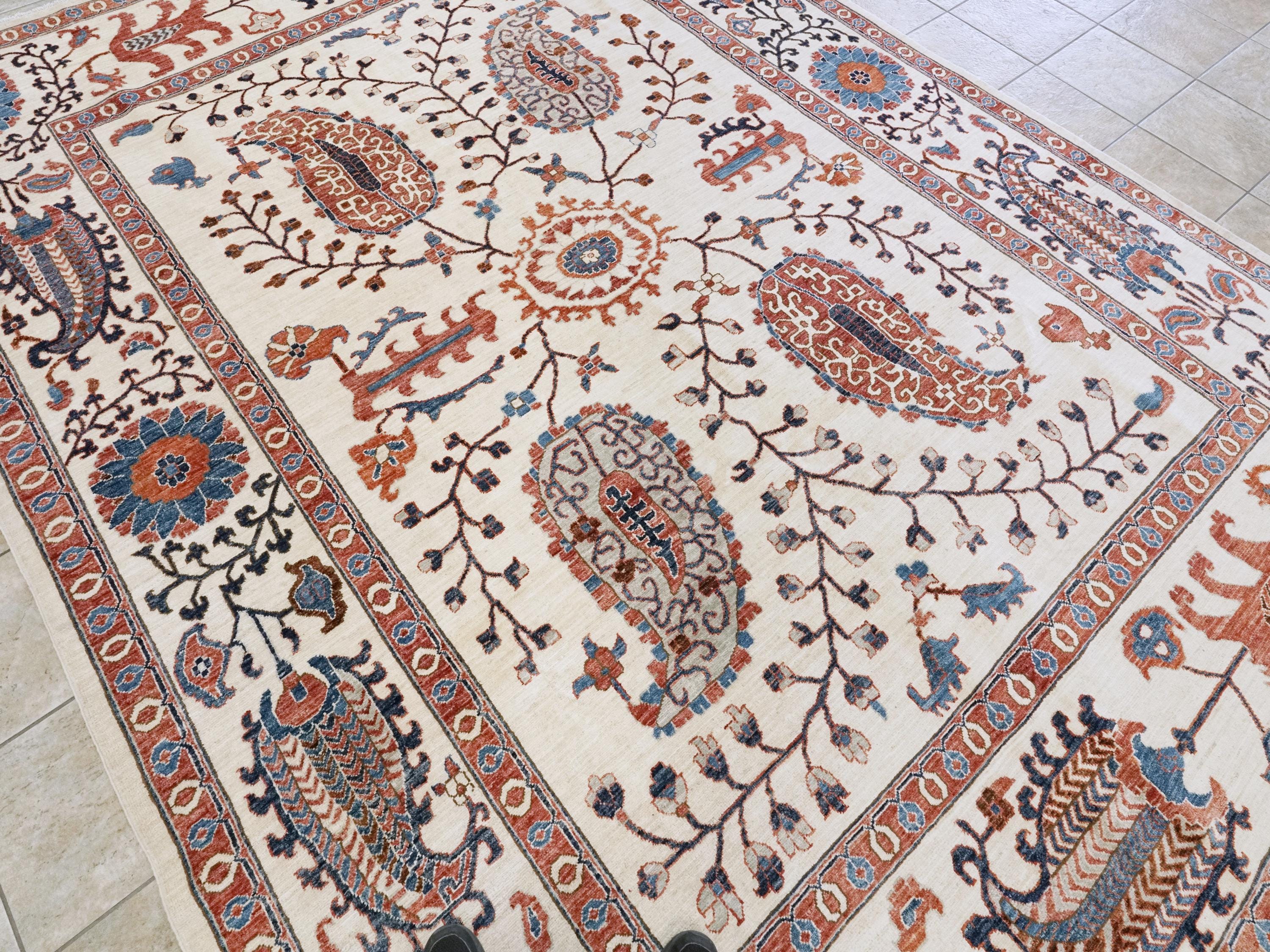 9x12 Ft Beige Wool Suzani Rug - Afghan Handmade Oriental Design