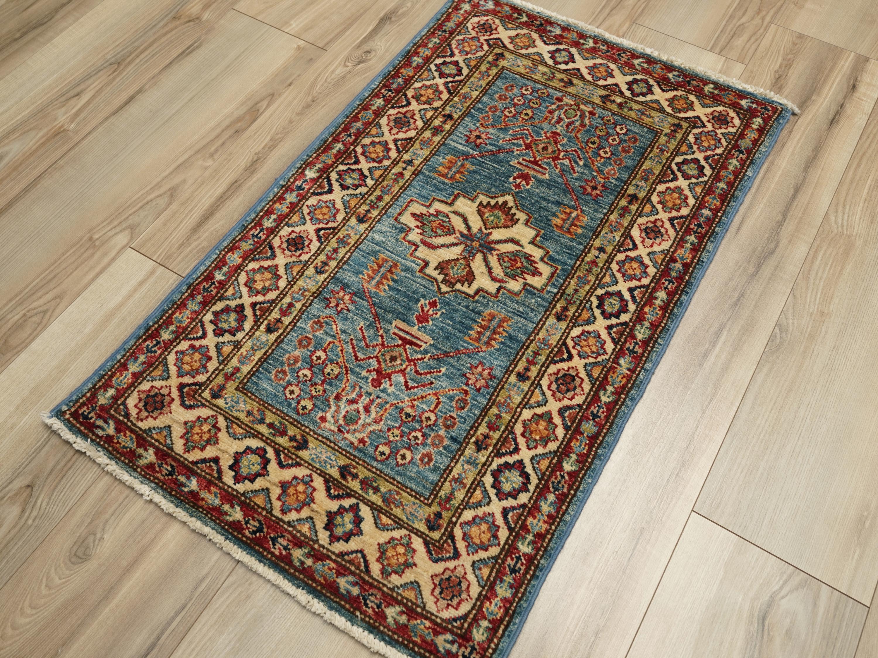 2x3 Ft Light Blue Kazak Rug - Afghan Wool Accent Rug