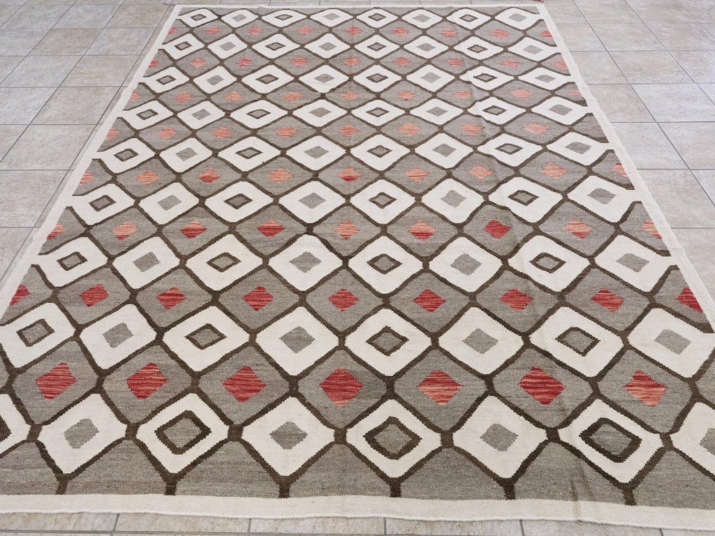 8x10 Ft Brown & Beige Kilim Rug - Flat Weave Area Rug - Tribal Design