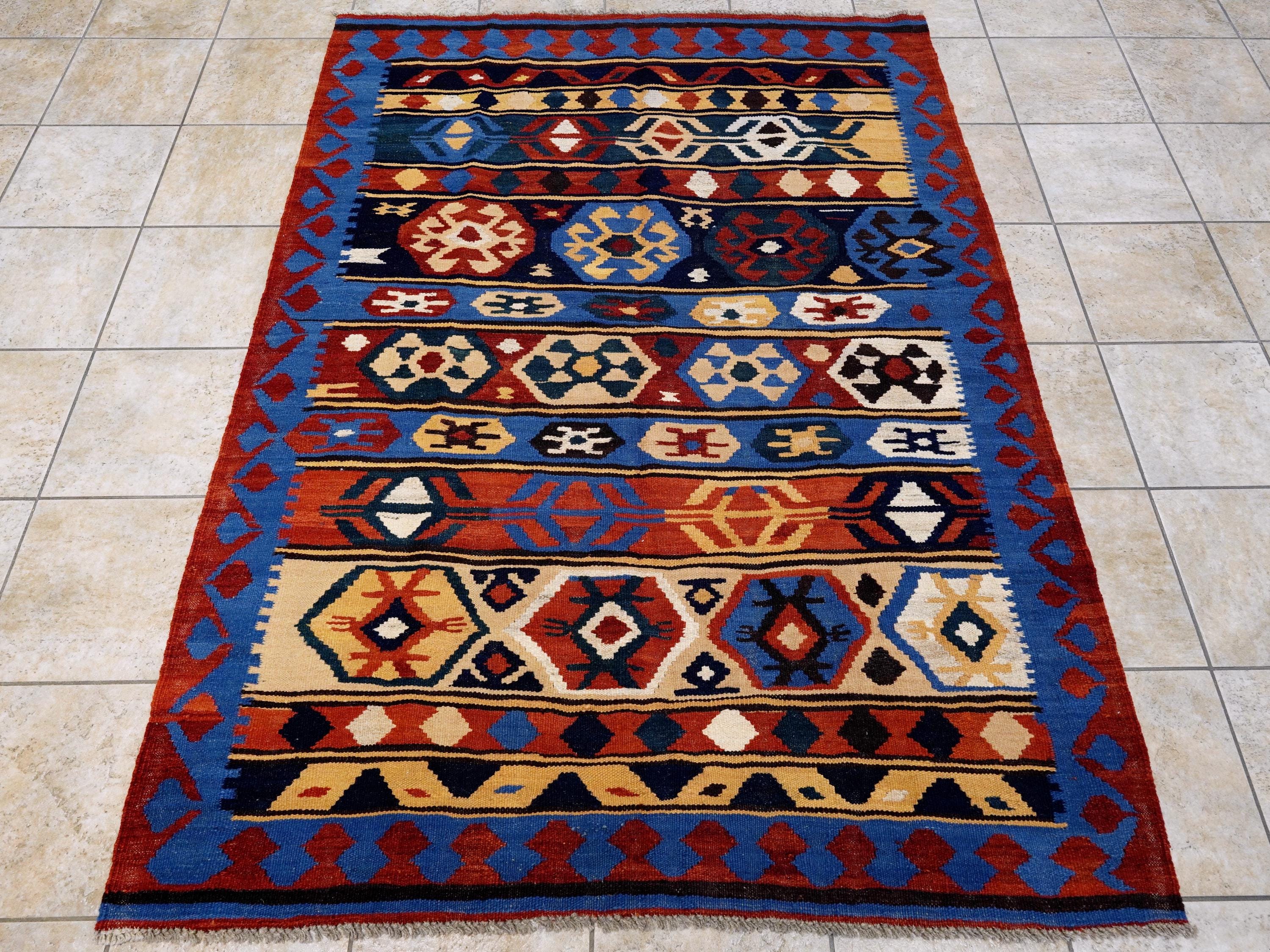 5x7 Ft Blue & Red Kilim Rug - Handwoven Afghan Flat Weave - Tribal Design