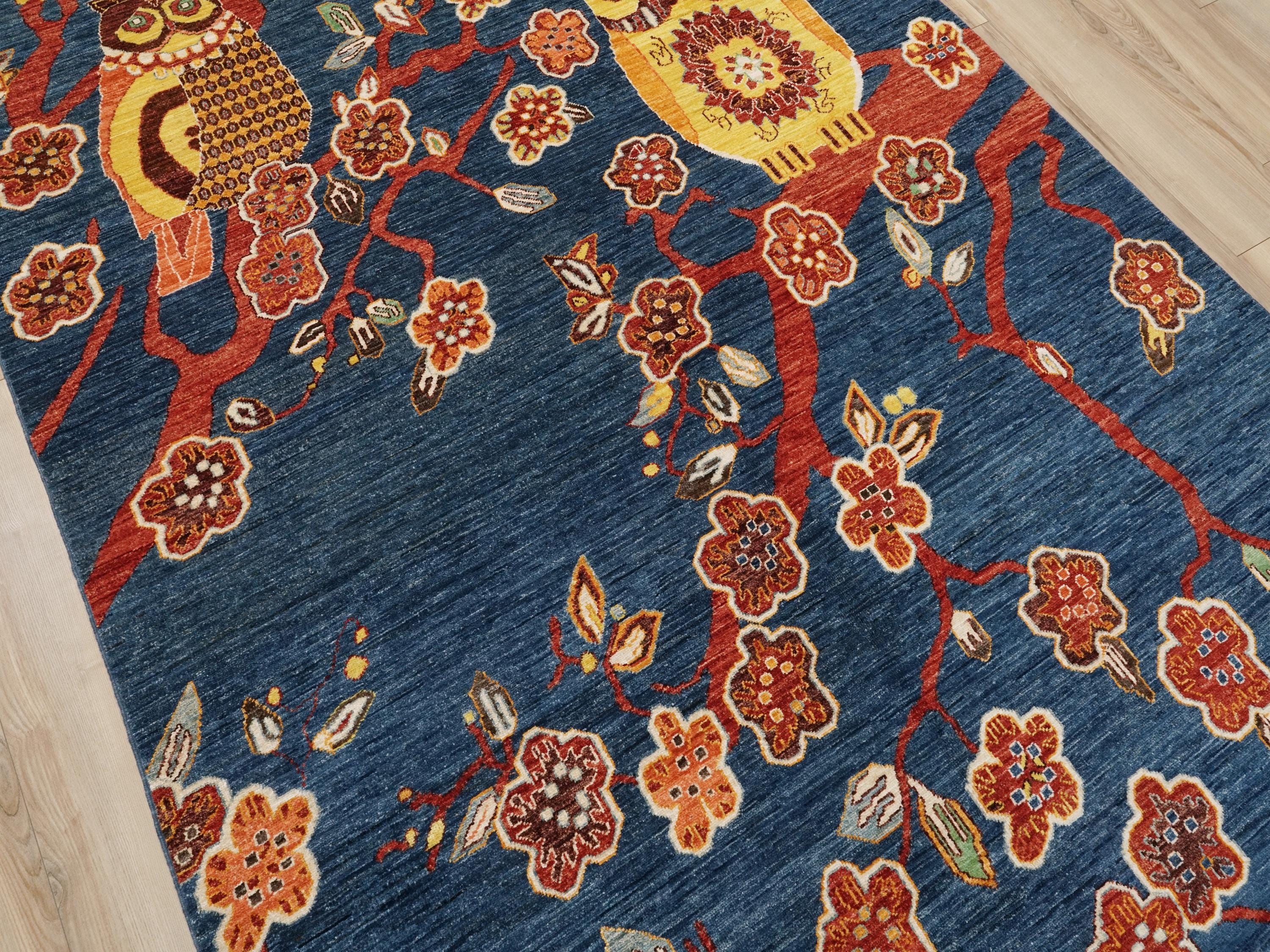 6x9 Ft Blue Owl Rug - Hand Knotted Wool Gabbeh Rug