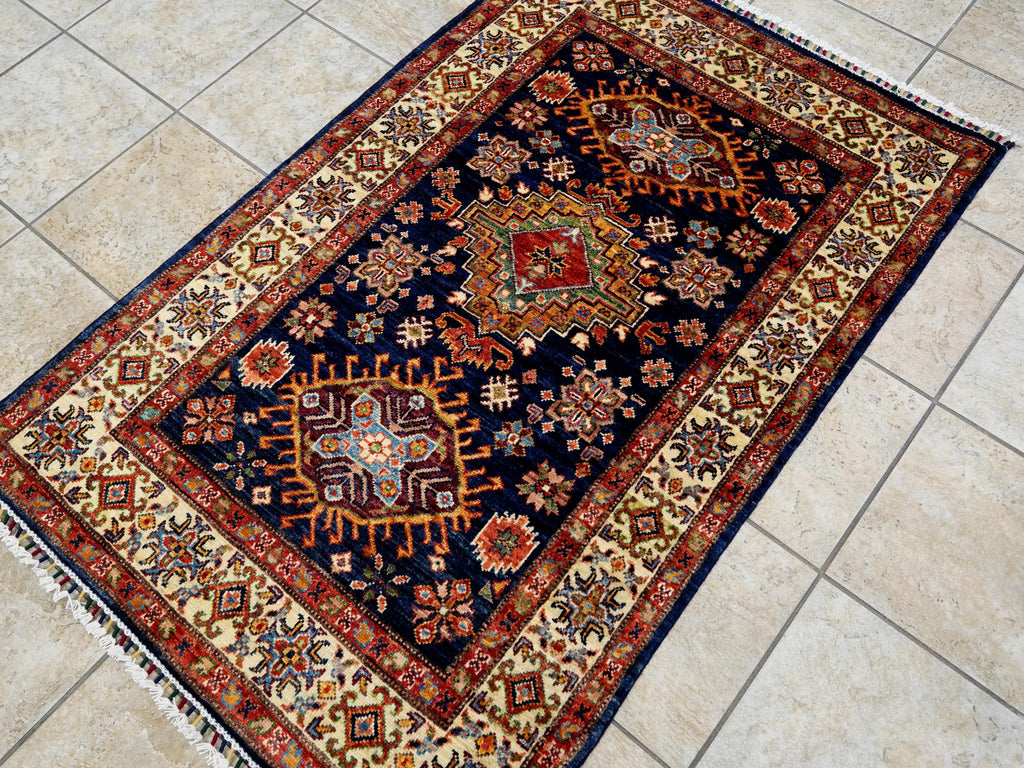 3x5 Ft Blue Kazak Rug - Handmade Afghan Rug