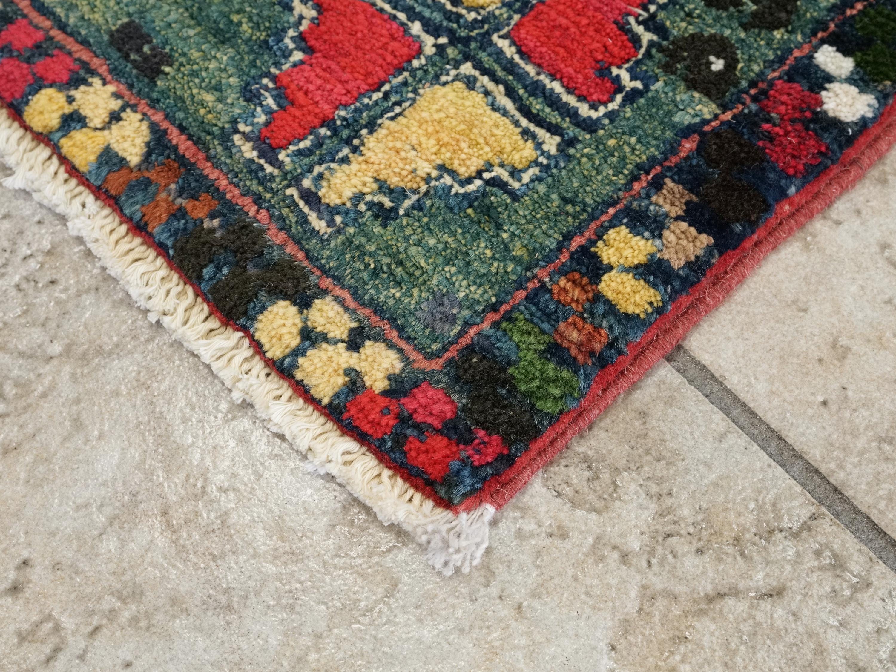 1x2 Ft Hand Knotted Dark Green Serapi Rug - Ghazni Wool Accent Rug