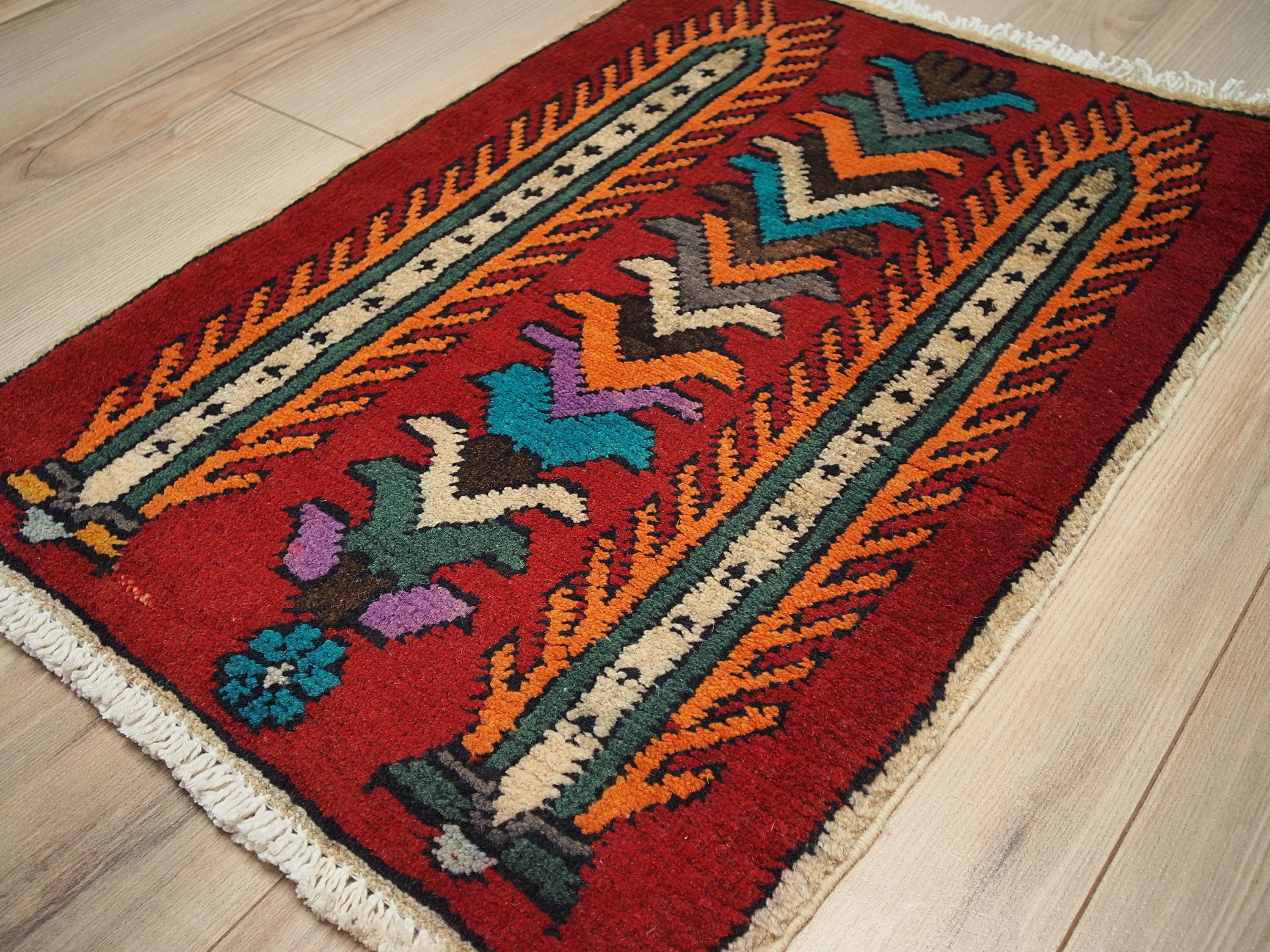 1x2 Ft Red Gabbeh Rug - Hand Knotted Floral Accent Rug