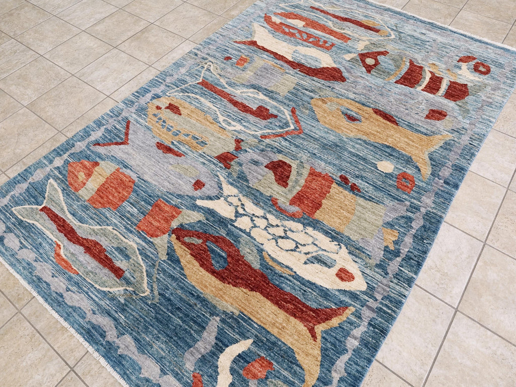 6x9 Ft Blue Fish Rug - Handmade Afghan Wool Rug