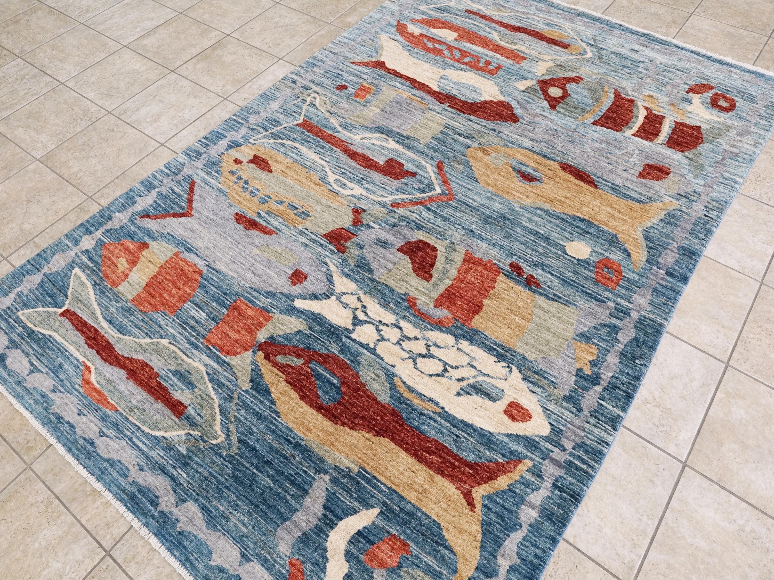 6x9 Ft Blue Fish Rug - Handmade Afghan Wool Rug