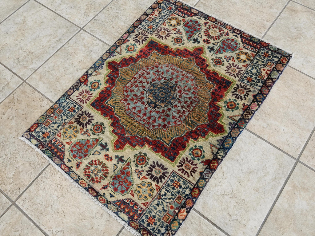 2x3 Ft Hand Knotted Wool Mamluk Rug - Beige Oriental Accent Rug