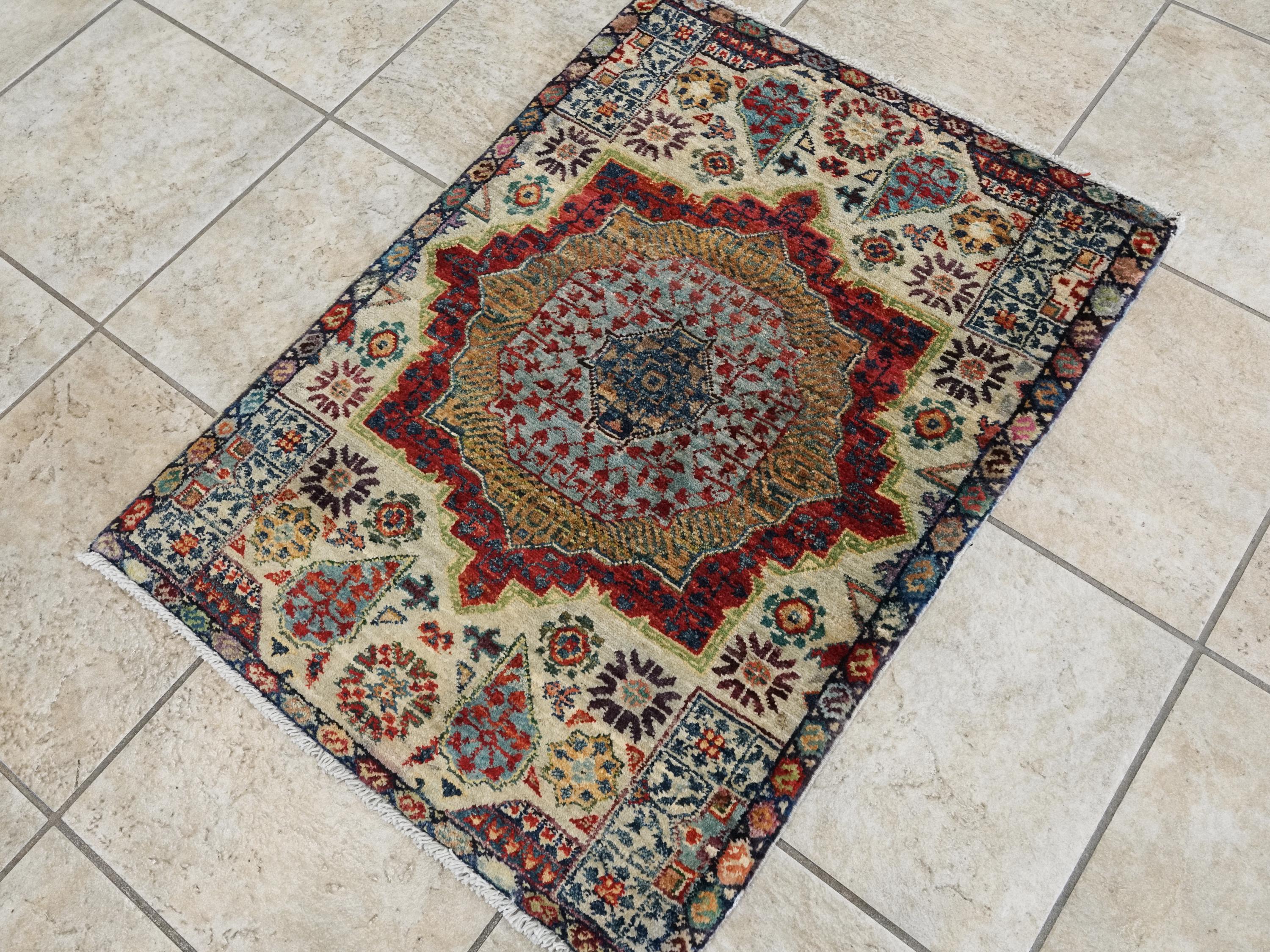 2x3 Ft Hand Knotted Wool Mamluk Rug - Beige Oriental Accent Rug