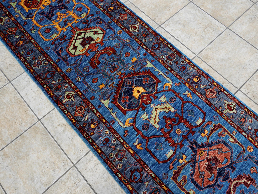 11 Ft Blue Heriz Runner Rug - Hand Knotted Hallway Rug - Persian Design