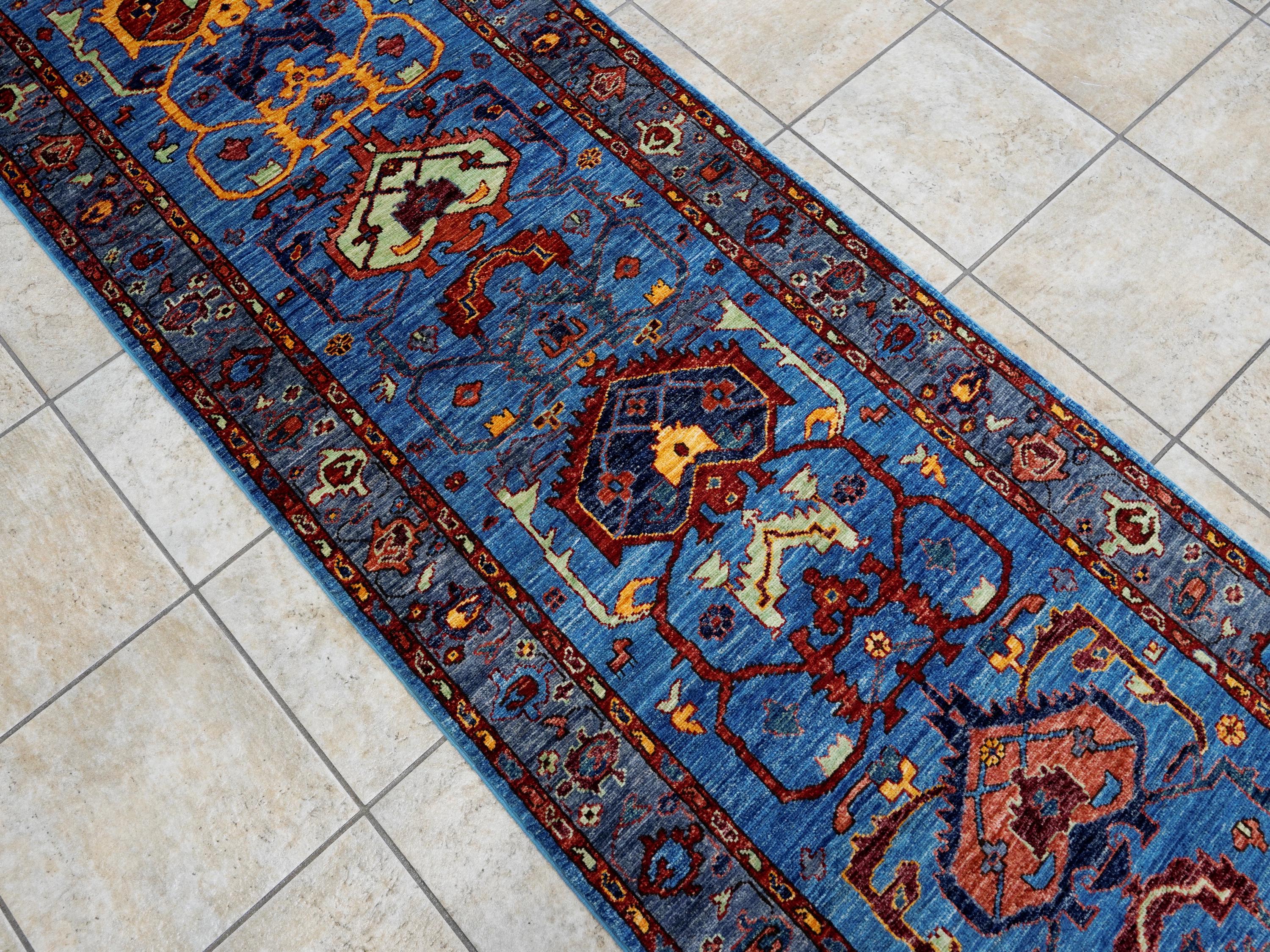 11 Ft Blue Heriz Runner Rug - Hand Knotted Hallway Rug - Persian Design