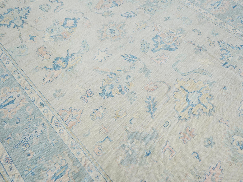 10x14 Ft Muted Blue & Orange Oushak Rug - Hand Knotted Afghan Rug - Turkish Floral Design