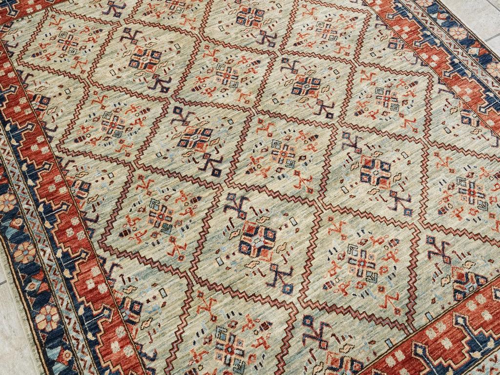 5x7 Ft Light Green Heriz Rug - Hand Knotted Oriental Wool Rug