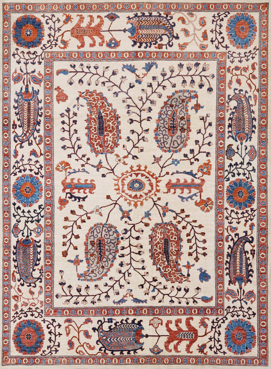 9x12 Ft Beige Wool Suzani Rug - Afghan Handmade Oriental Design
