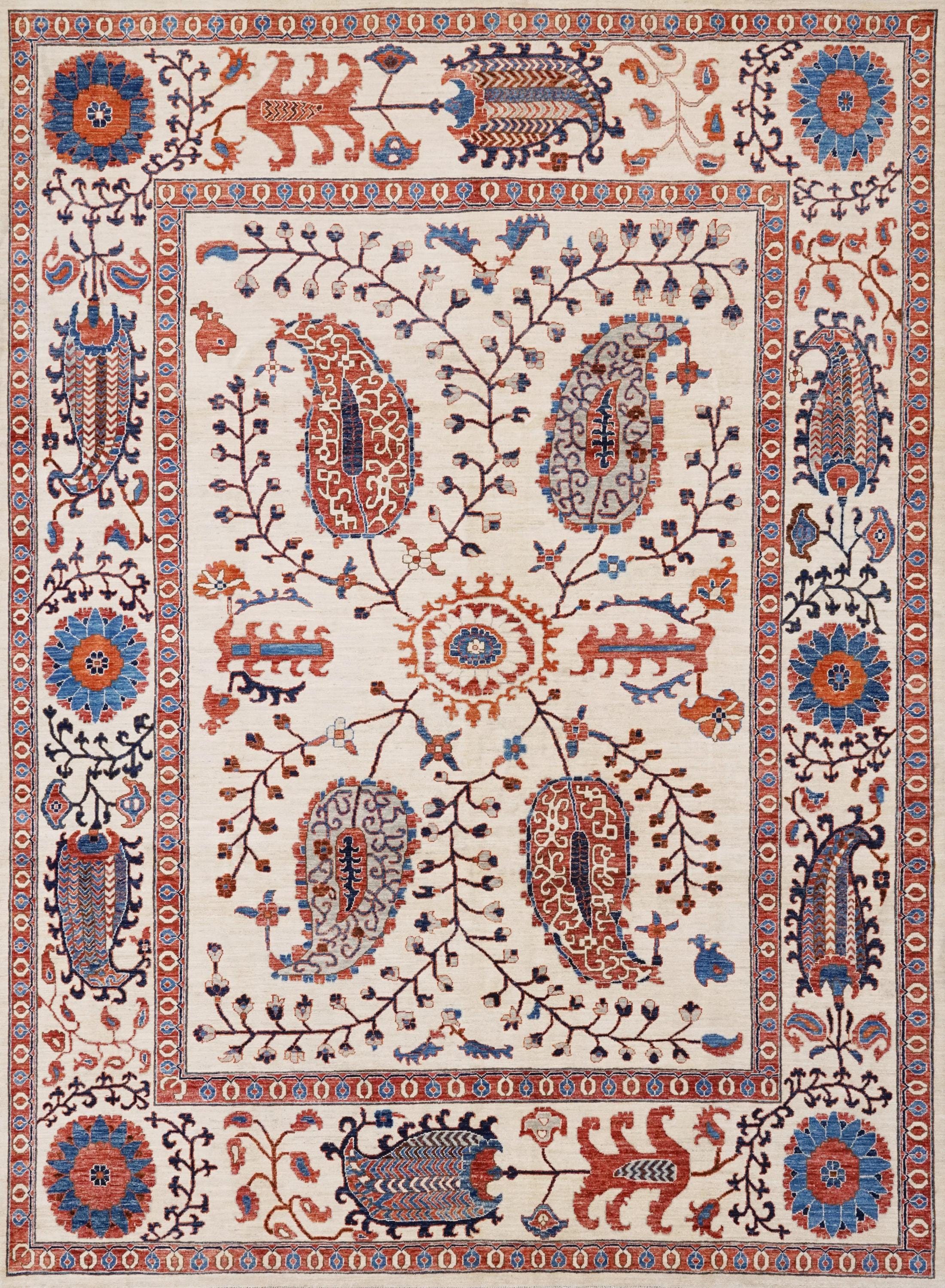 9x12 Ft Beige Wool Suzani Rug - Afghan Handmade Oriental Design