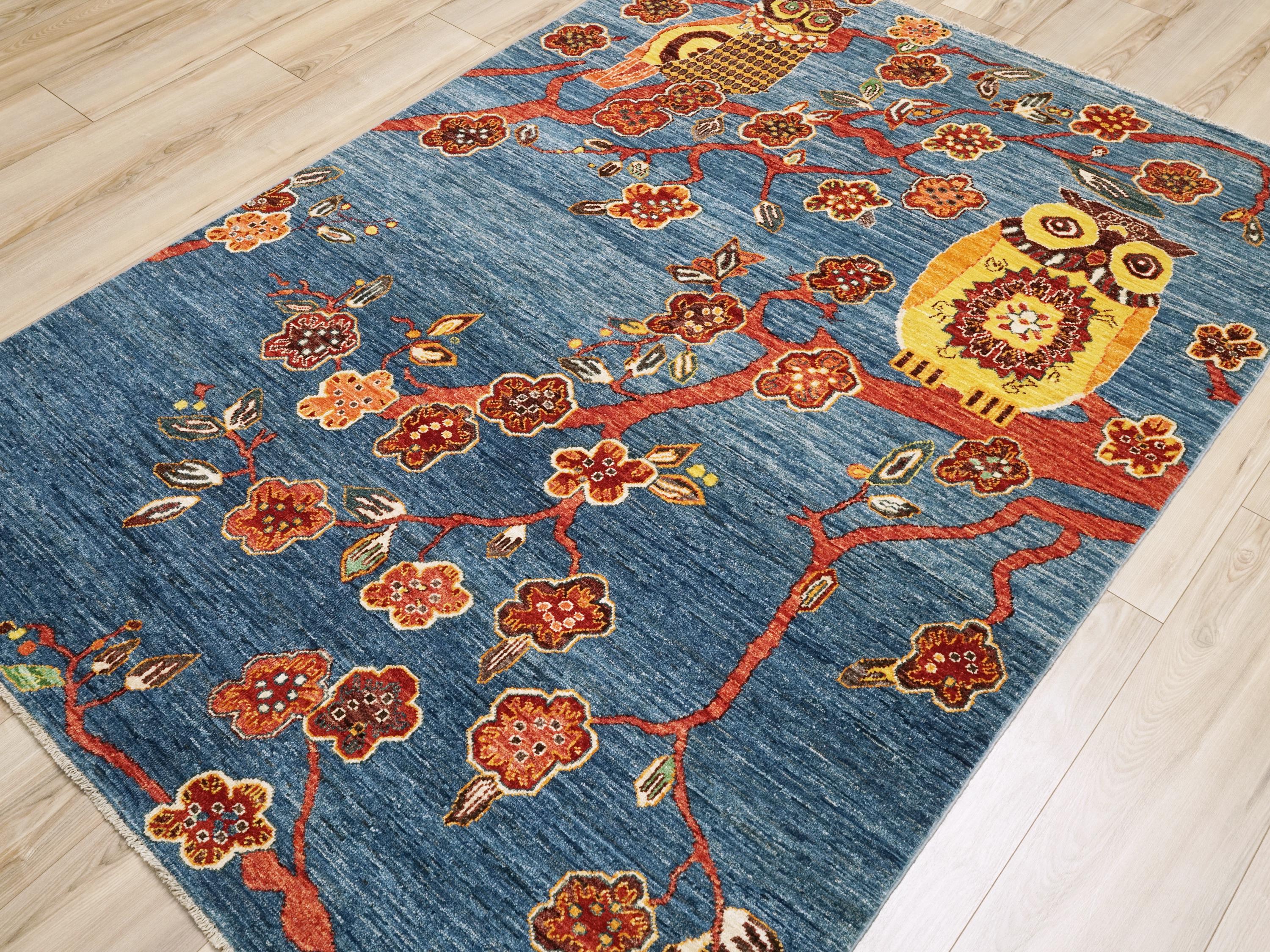 5x7 Ft Blue Owl Rug - Afghan Handmade Area Rug - Bird Design