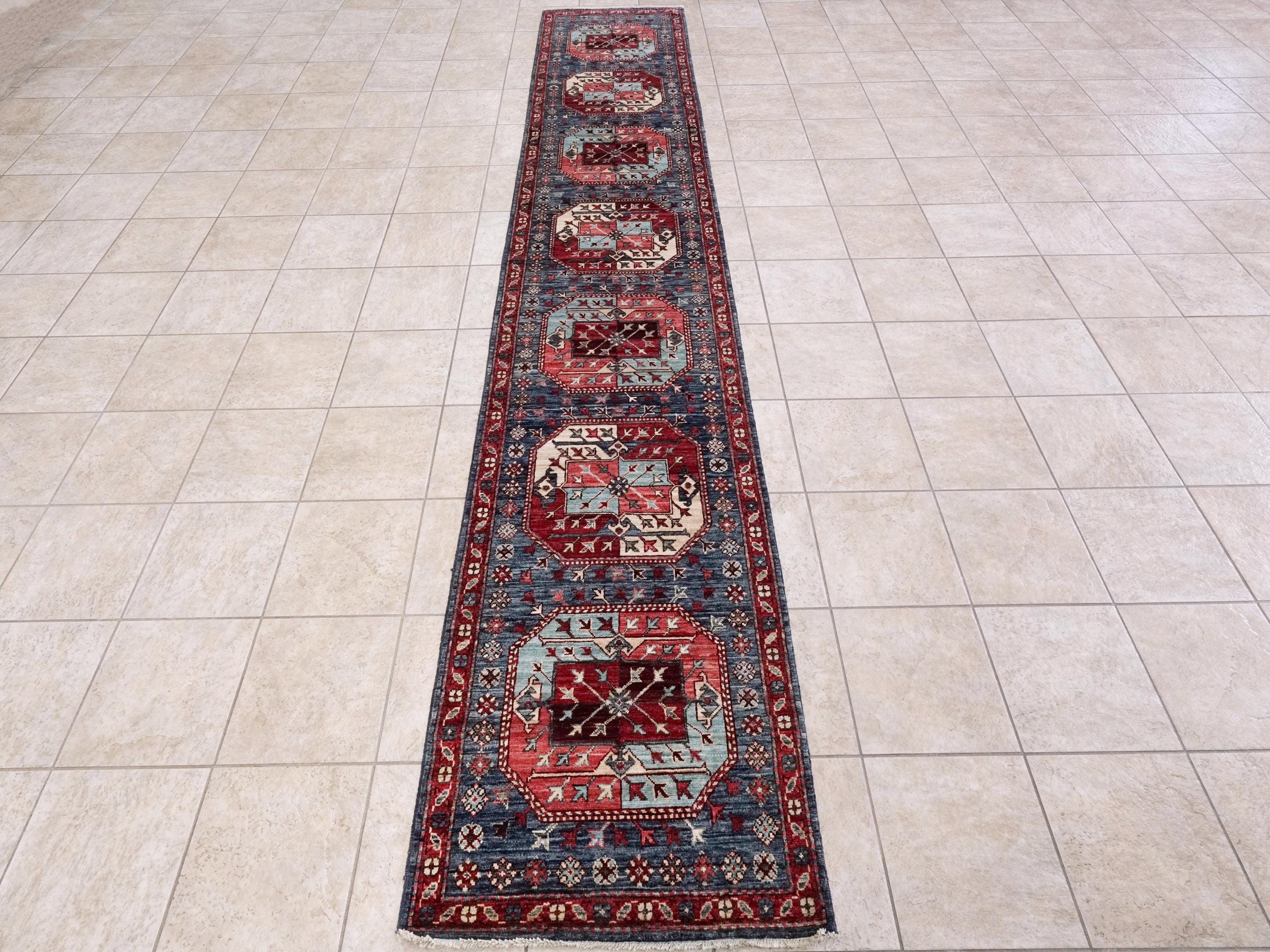 14 Ft Blue Ersari Runner Rug - Traditional Wool Hallway Rug - Turkmen Design