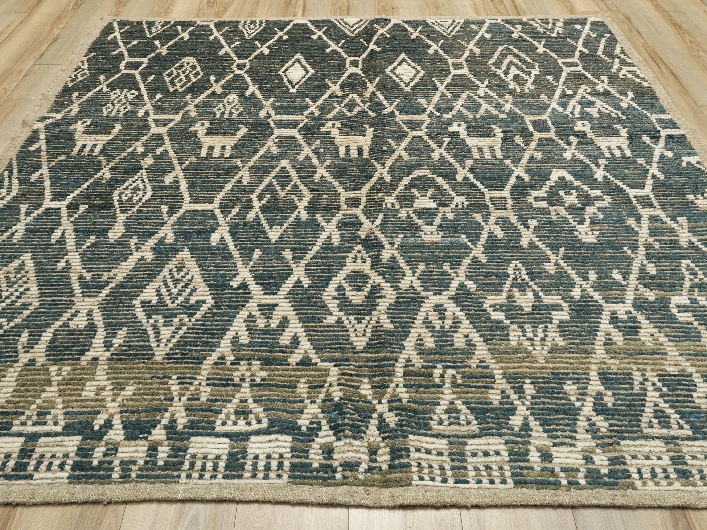 7x7 Ft Blue Moroccan Rug - Afghan Handmade Square Rug