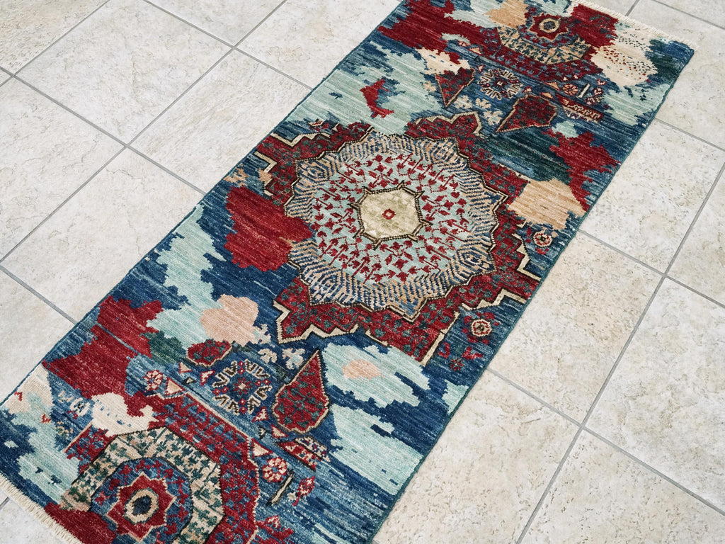 2x5 Ft Blue Mamluk Rug - Hand Knotted Wool Hallway Runner