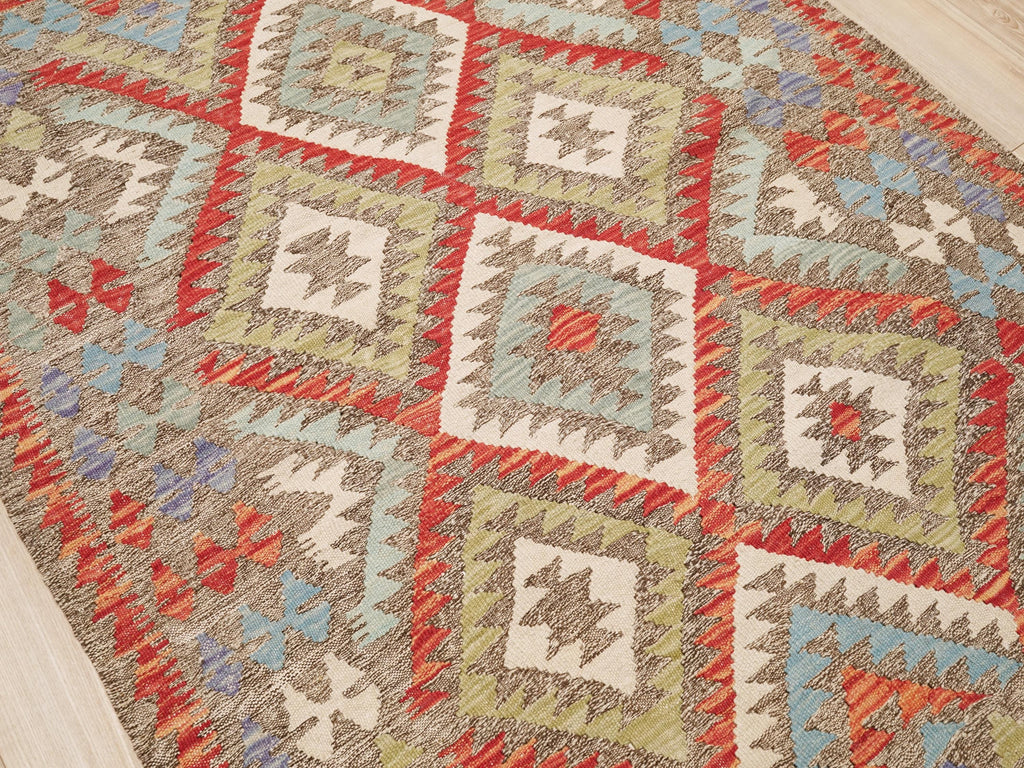 4x5 Ft Red Maimana Kilim Rug - Traditional Flat Weave Wool Rug