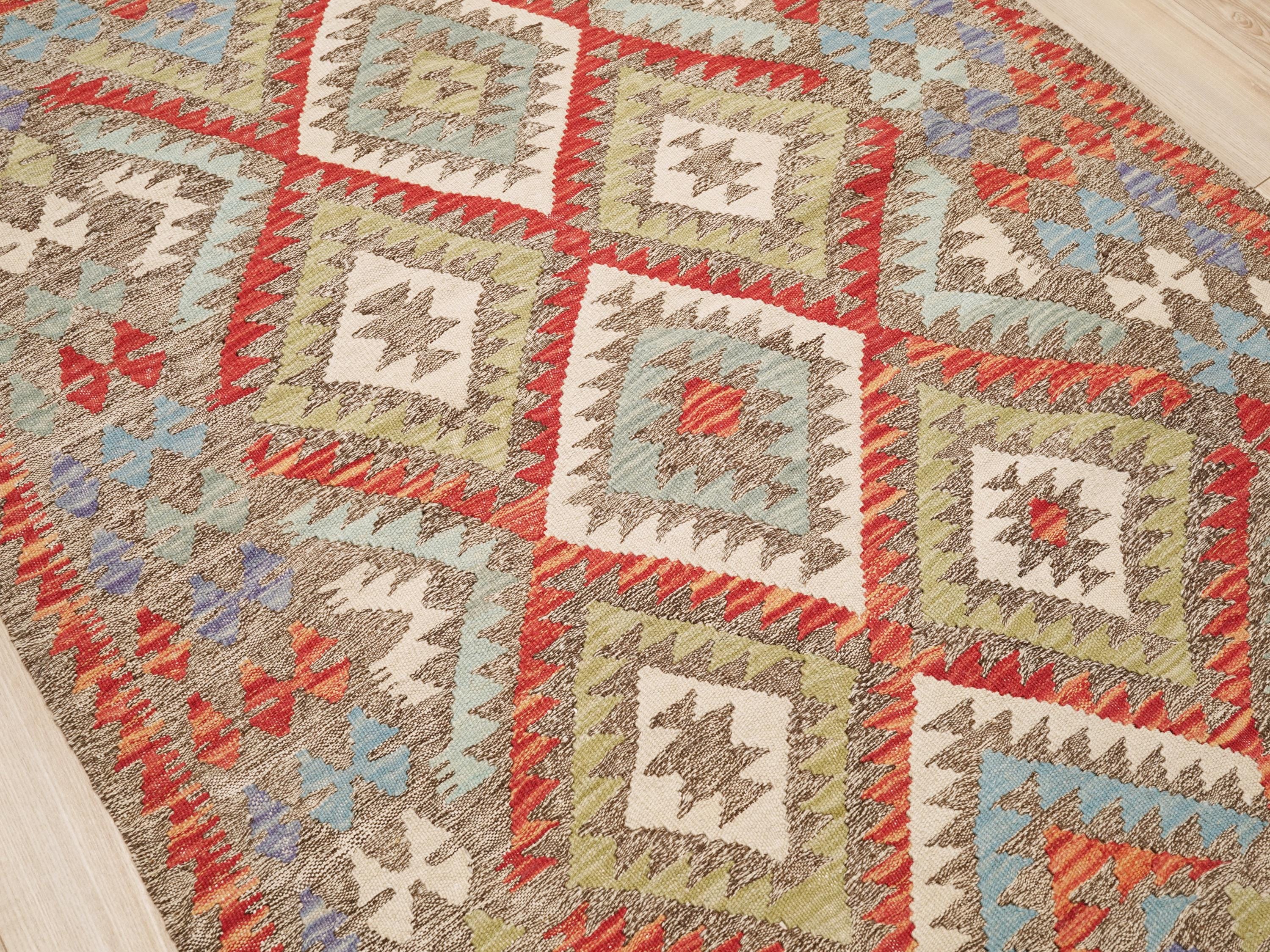 4x5 Ft Red Maimana Kilim Rug - Traditional Flat Weave Wool Rug