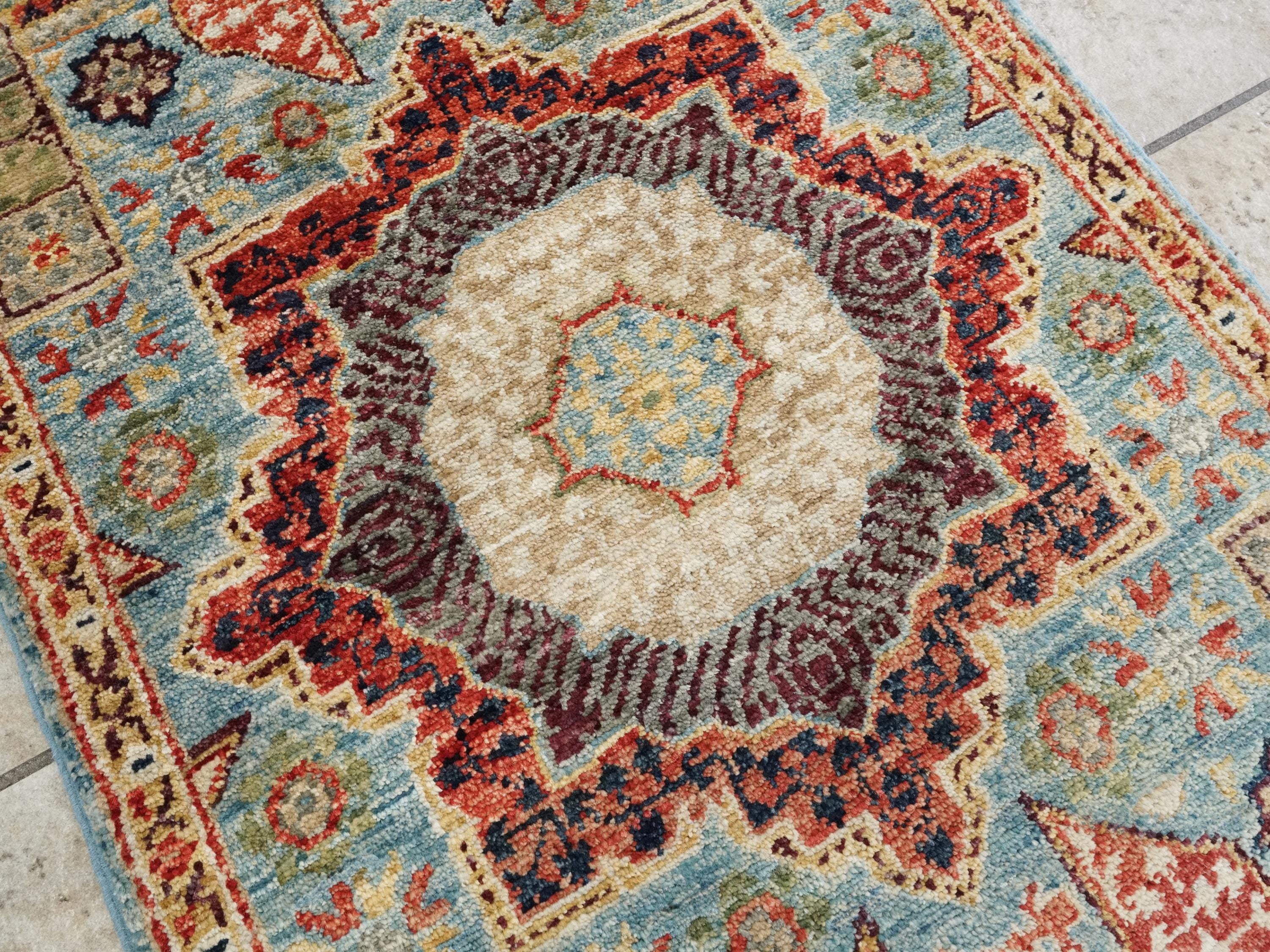 2x3 Ft Hand Knotted Wool Mamluk Rug - Light Blue Oriental Accent Rug