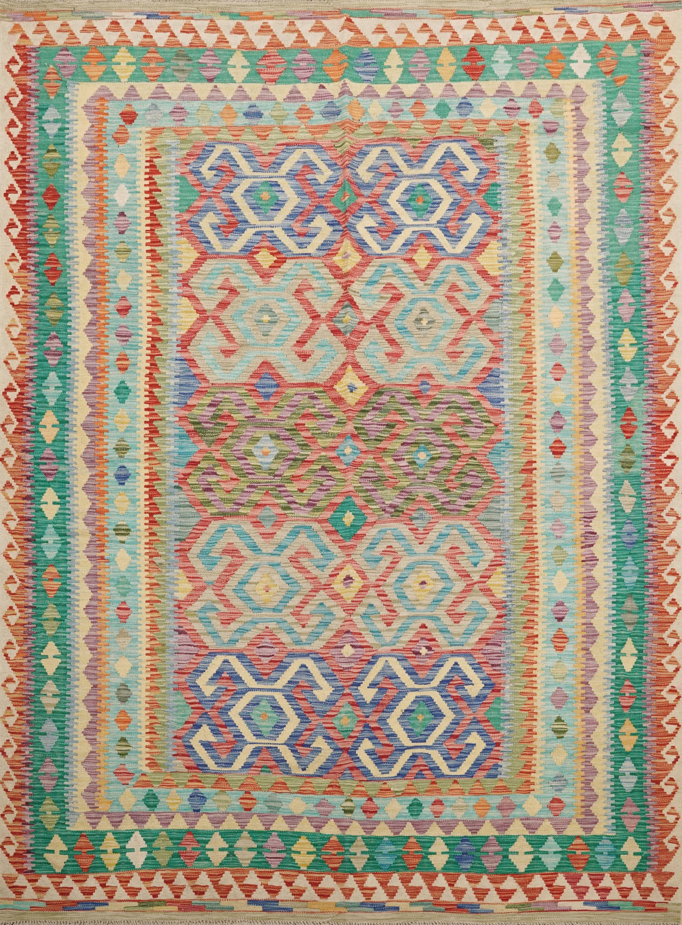 7x10 Ft Green Kilim Rug - Traditional Afghan Rug