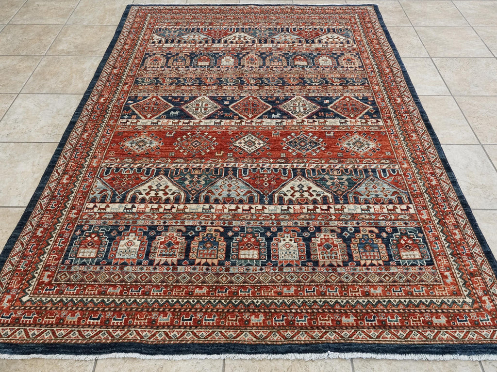 5x7 Ft Red & Blue Heriz Rug - Handmade Area Rug - Geometric Design