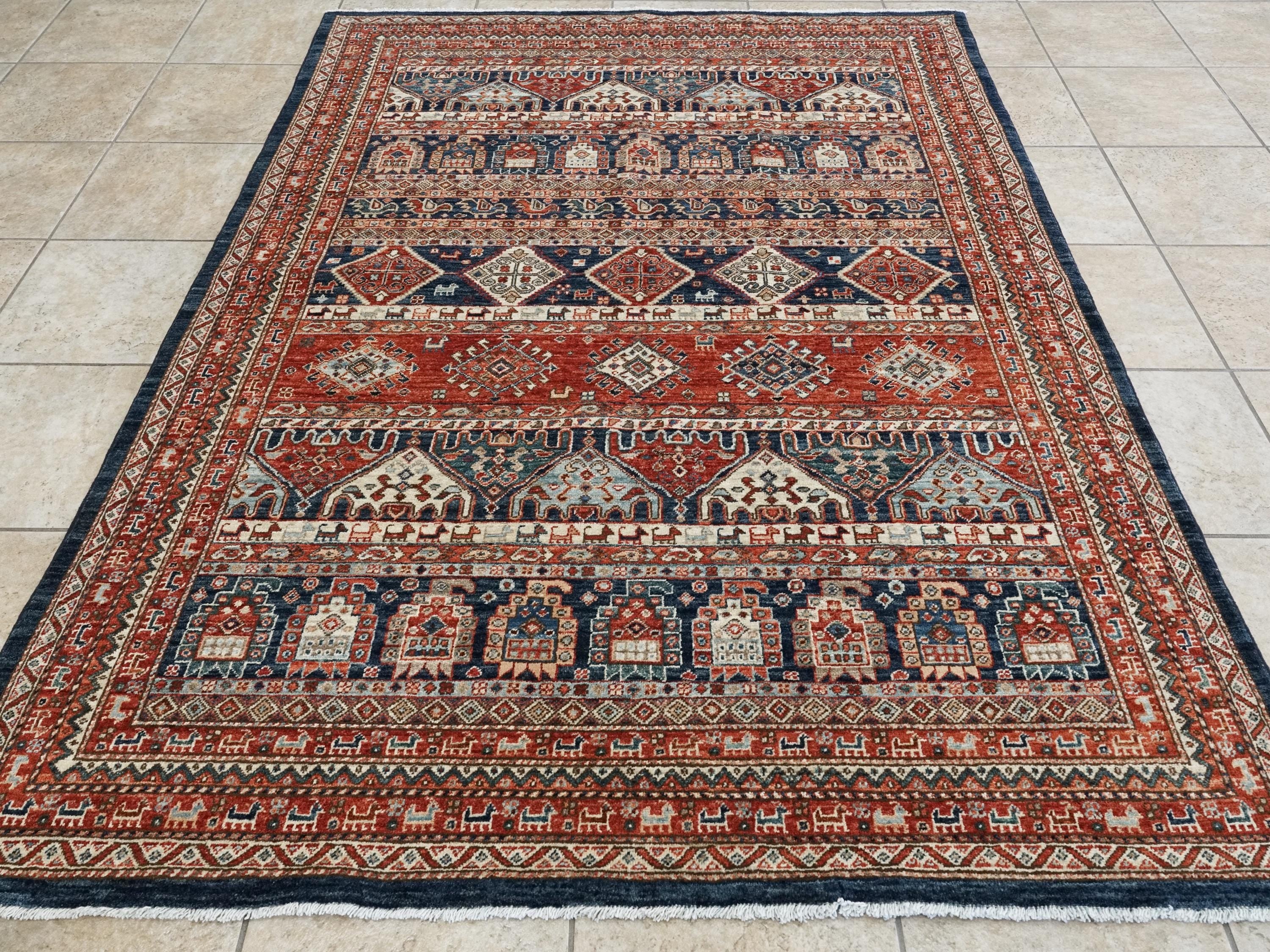 5x7 Ft Red & Blue Heriz Rug - Handmade Area Rug - Geometric Design