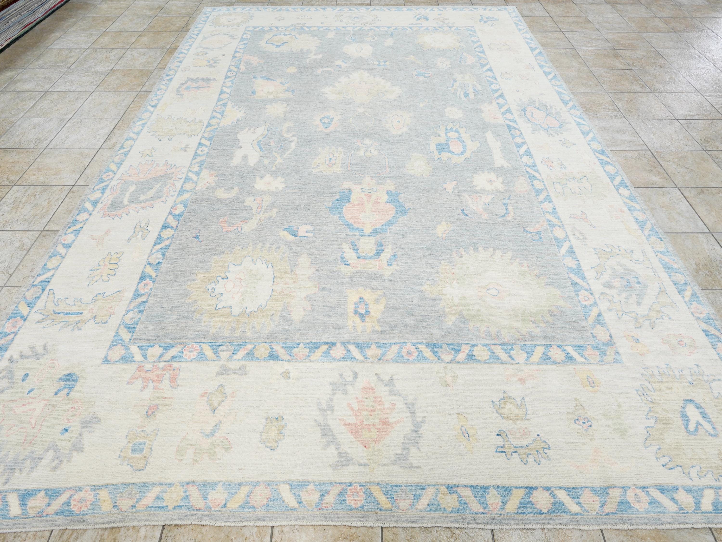 10x14 Ft Muted Blue Ushak Rug - Hand Knotted Wool Area Rug