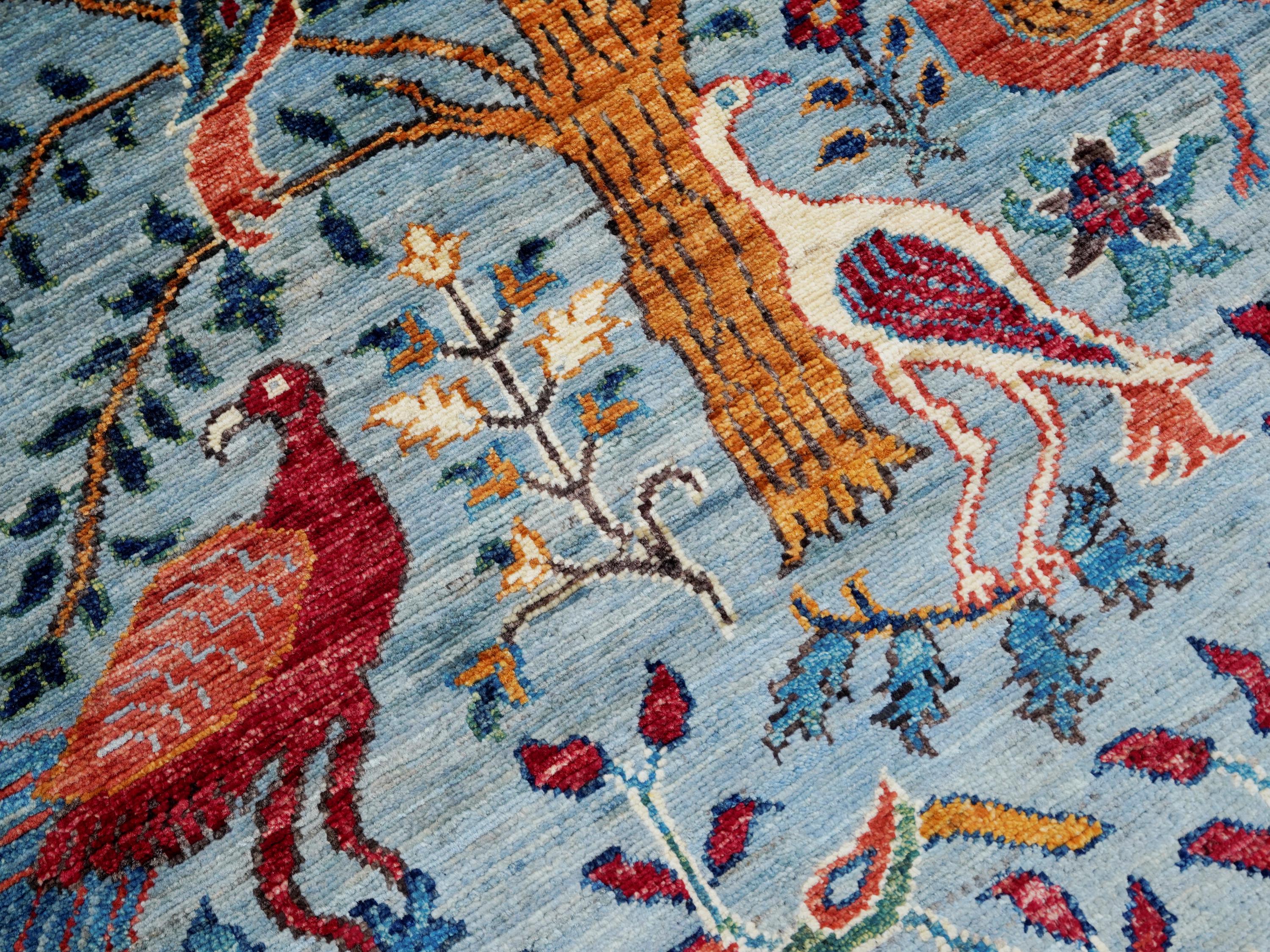 3x5 Ft Light Blue Bird Rug - Handmade Afghan Wool Rug - Floral Design