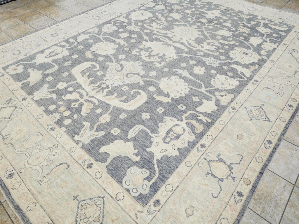 10x14 Ft Light Black Oushak Rug - Hand Knotted Afghan Rug - Turkish Floral Design