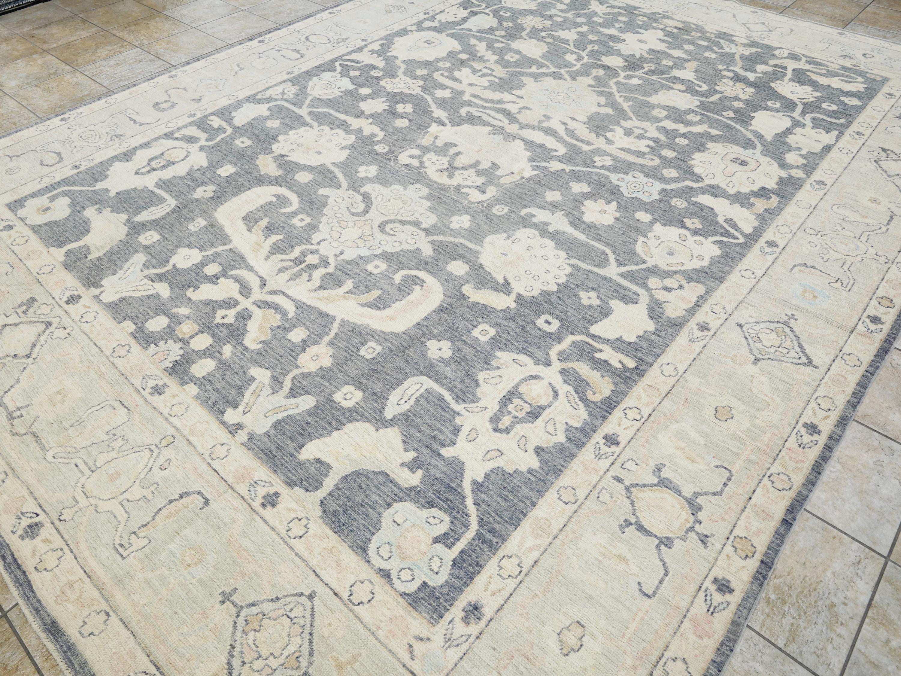 10x14 Ft Light Black Oushak Rug - Hand Knotted Afghan Rug - Turkish Floral Design