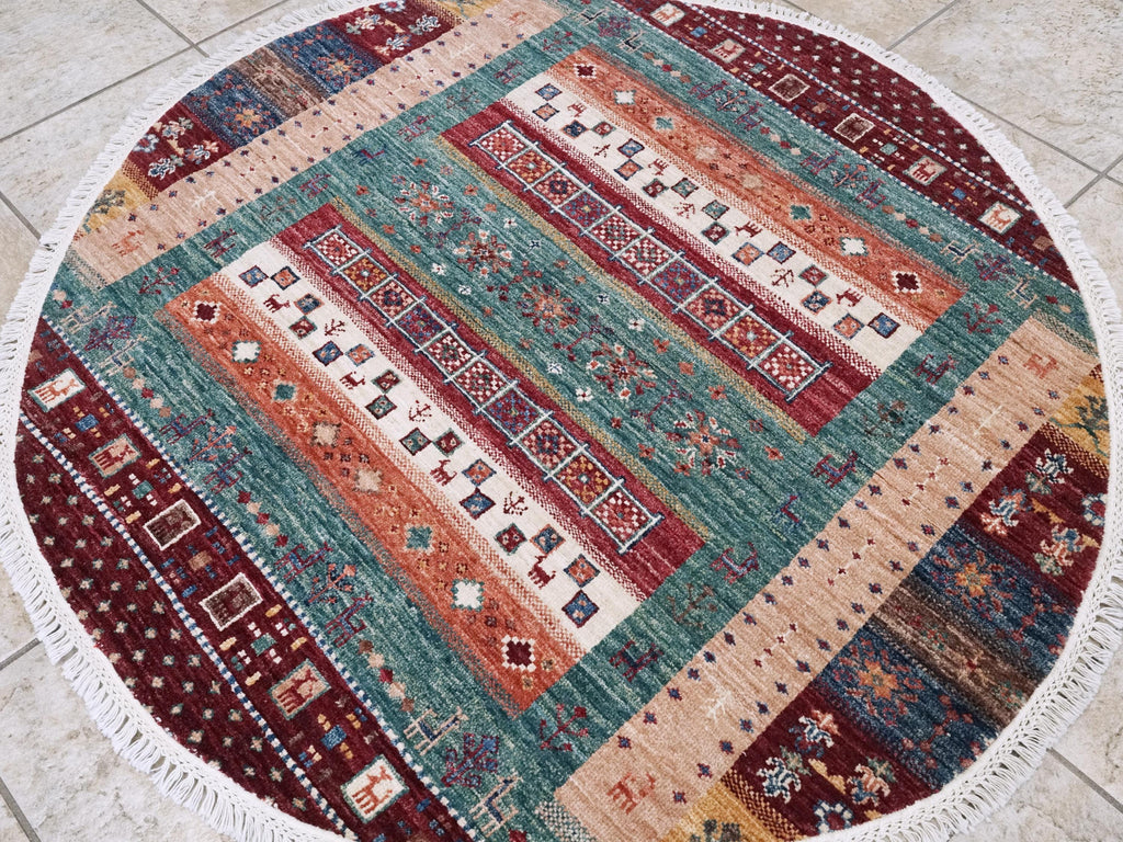 4x4 Ft Colorful Khorjin Rug - Hand Knotted Round Rug - Tribal Design