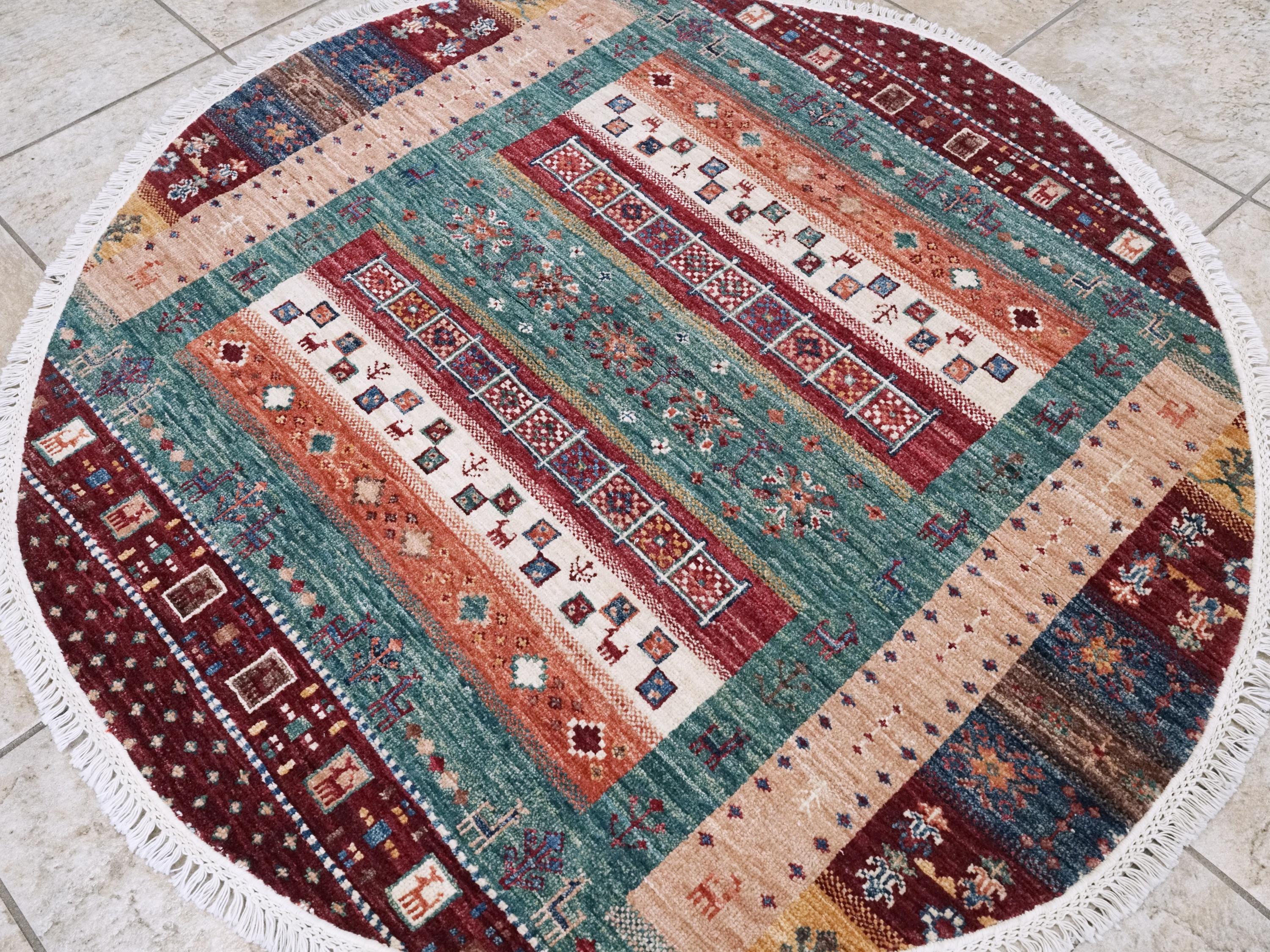 4x4 Ft Colorful Khorjin Rug - Hand Knotted Round Rug - Tribal Design