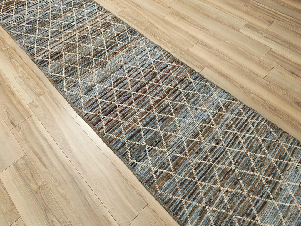 19 Ft Blue Moroccan Runner Rug - Hand Knotted Afghan Hallway Rug