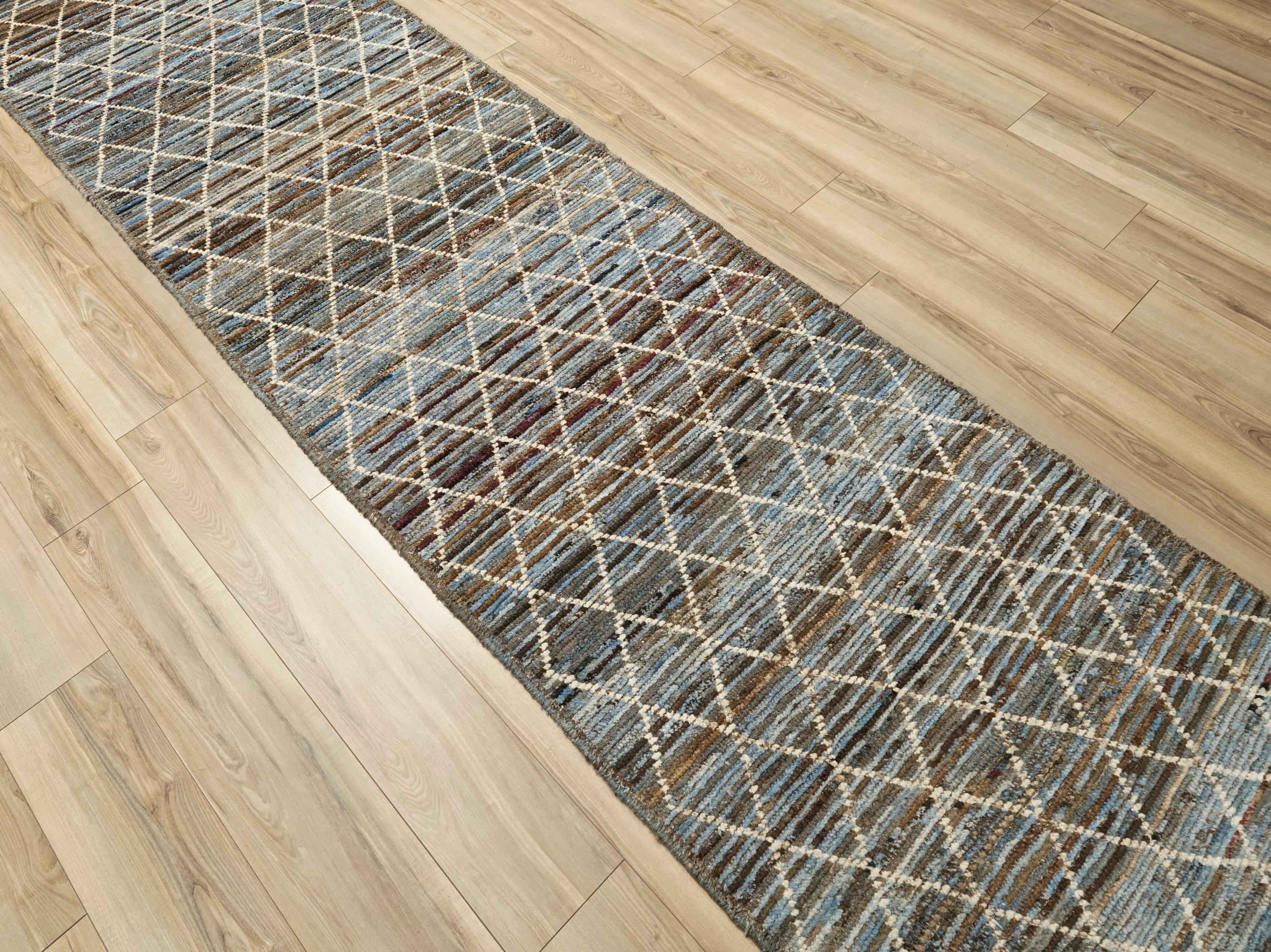 19 Ft Blue Moroccan Runner Rug - Hand Knotted Afghan Hallway Rug