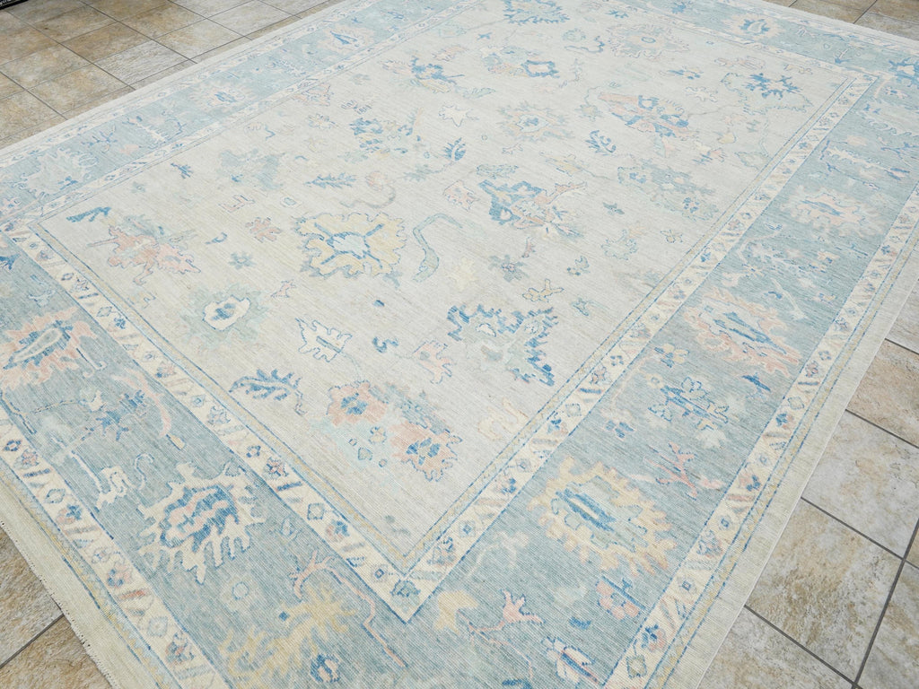 10x14 Ft Muted Blue & Orange Oushak Rug - Hand Knotted Afghan Rug - Turkish Floral Design