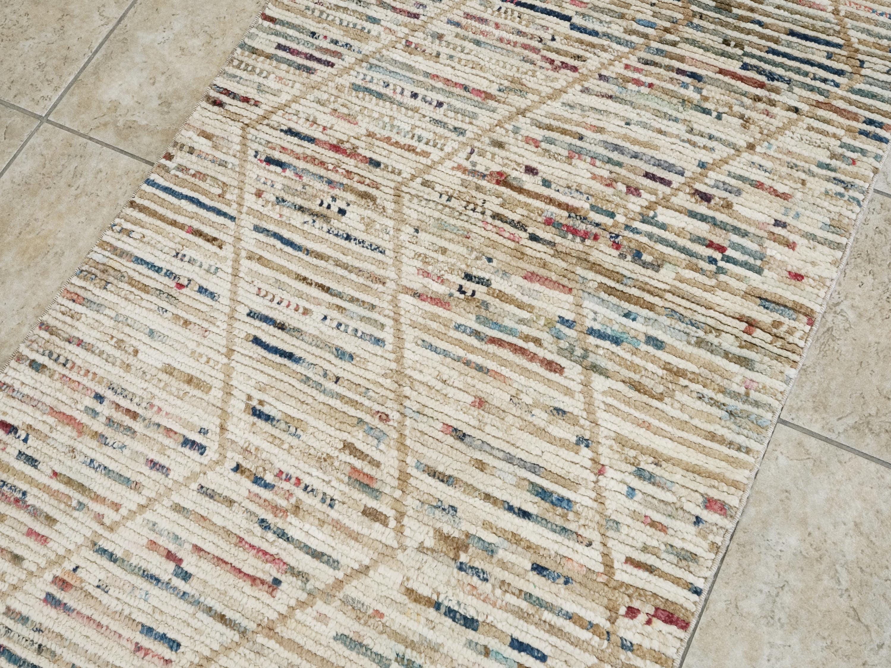 9 Ft Handmade Afghan Wool Runner Rug - Beige Moroccan Style