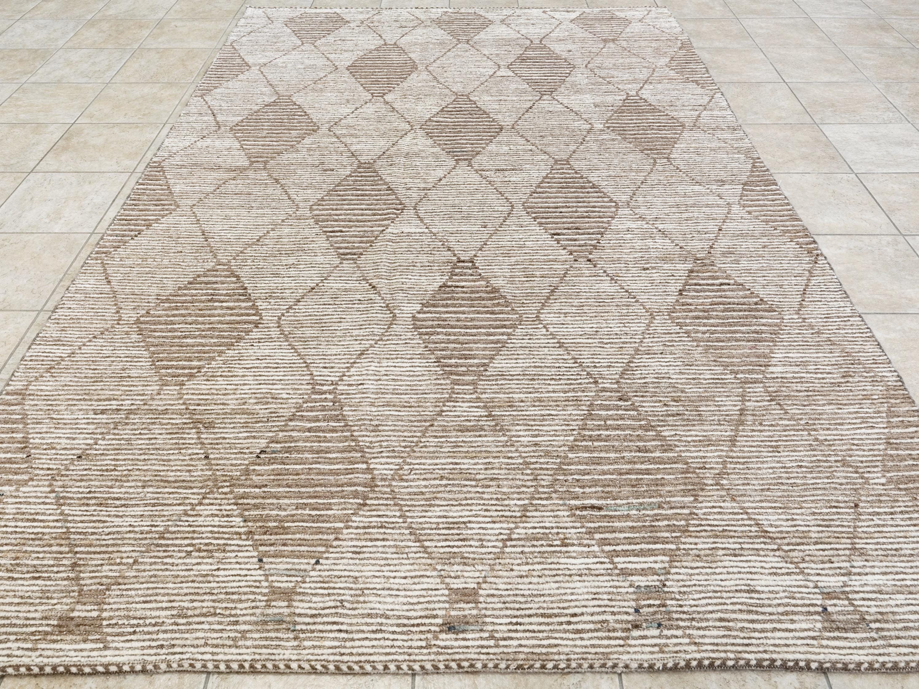 7x10 Ft Hand Knotted Afghan Wool Rug - Beige Moroccan Design