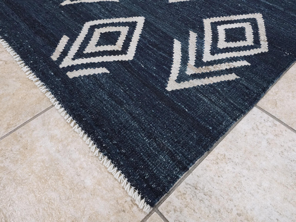 8x10 Ft Dark Blue Kilim Rug - Flat Weave Area Rug - Abstract Design