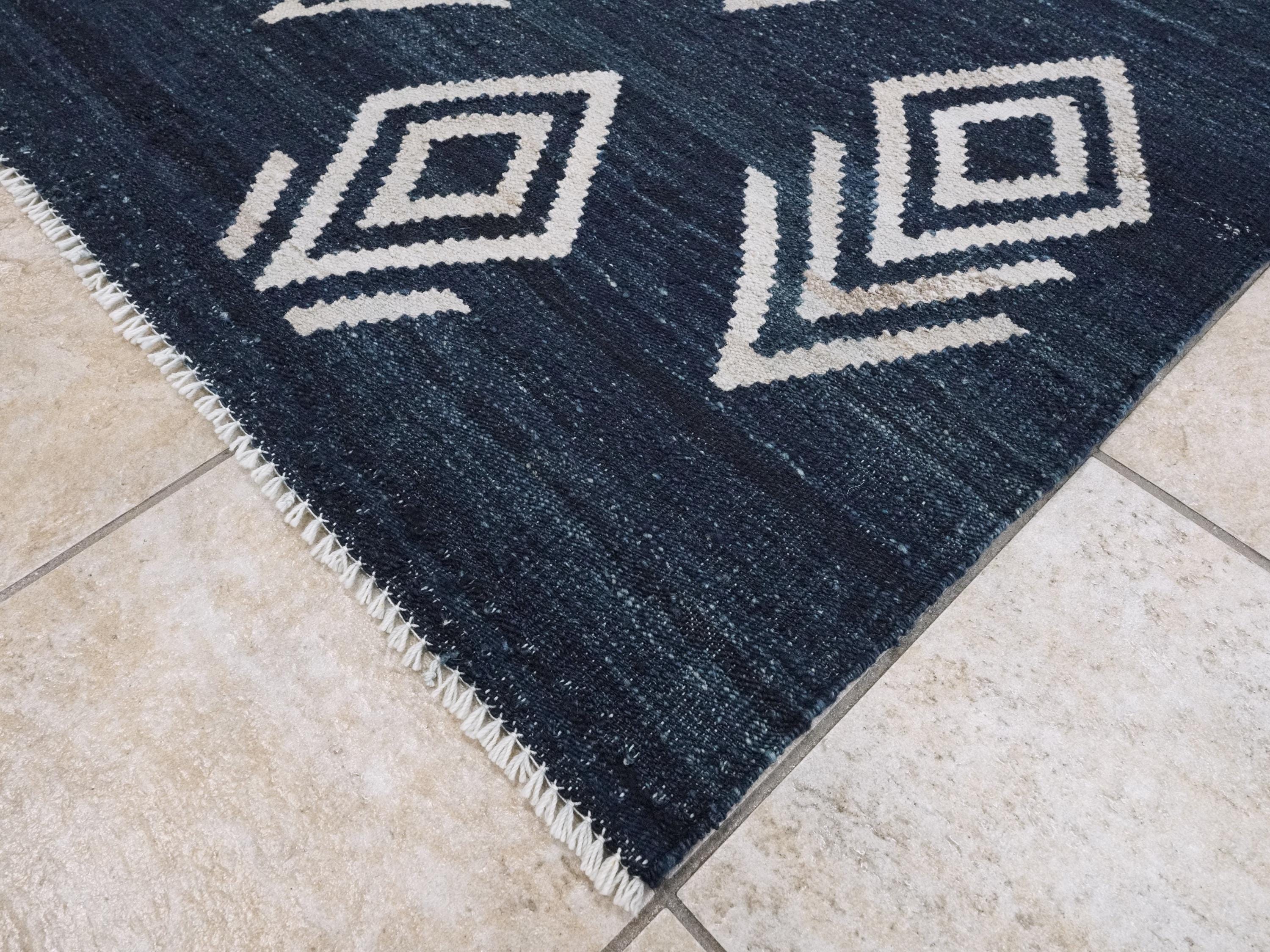 8x10 Ft Dark Blue Kilim Rug - Flat Weave Area Rug - Abstract Design