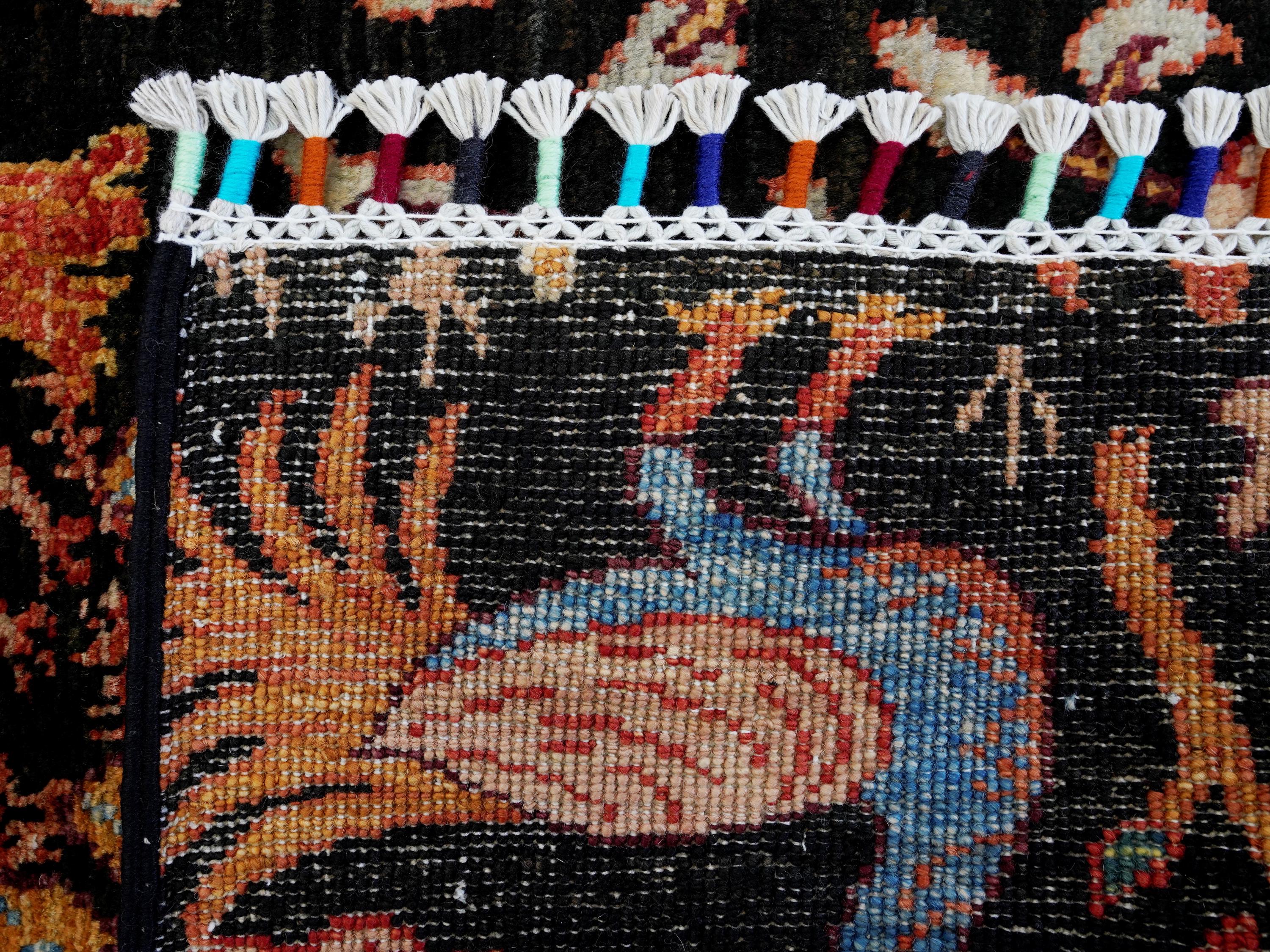 4x6 Ft Black Bird Rug - Hand Knotted Oriental Rug