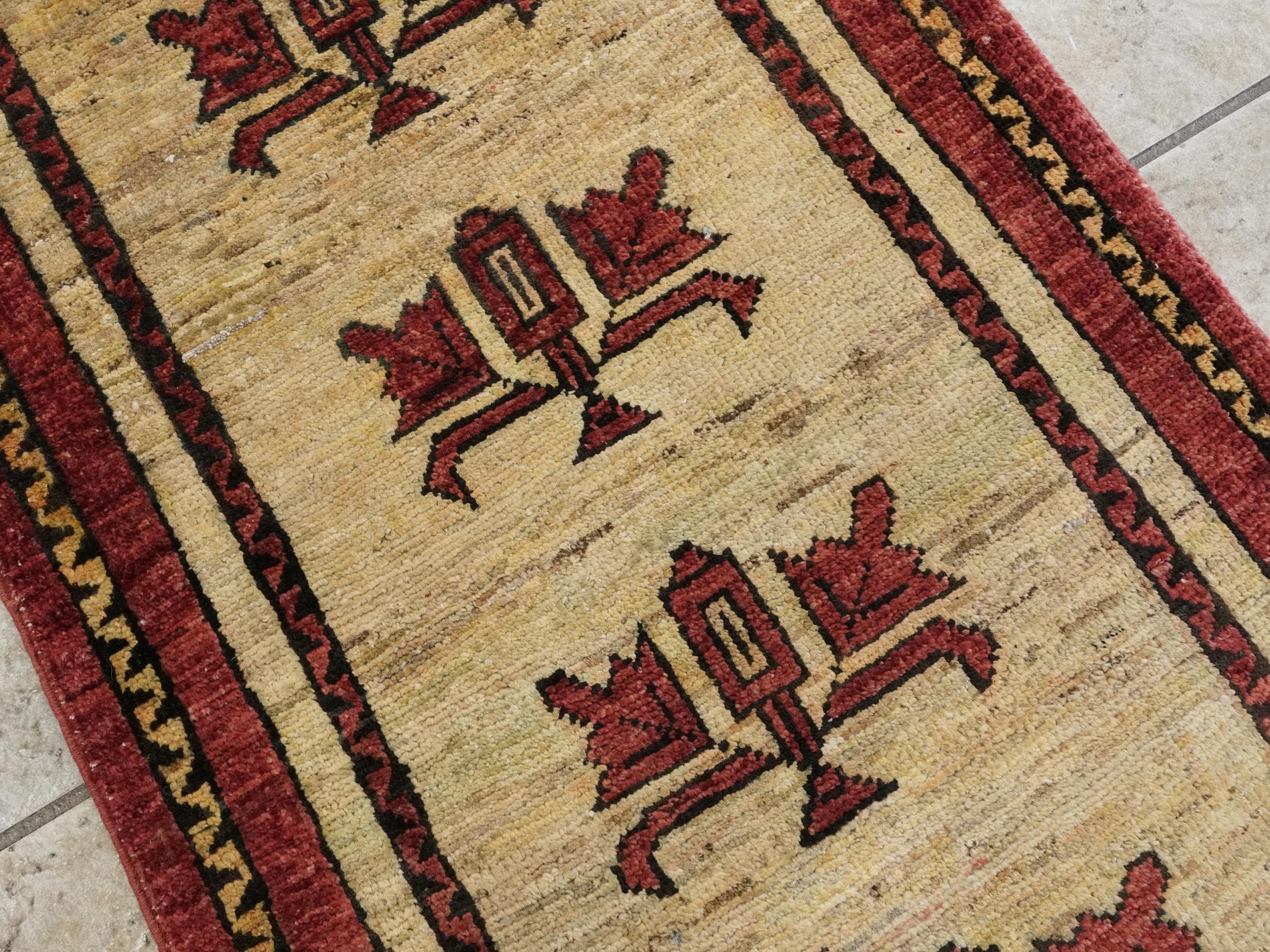 2x3 Ft Hand Knotted Wool Gabbeh Rug - Beige & Red Tribal Doormat