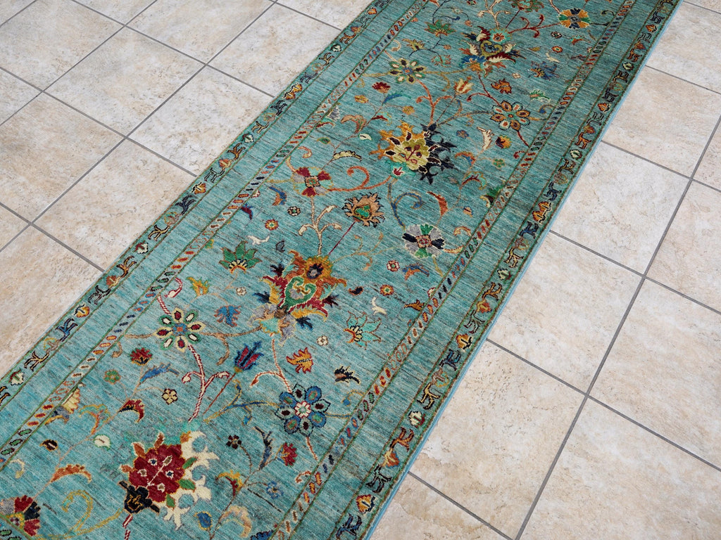 9 Ft Cyan Serapi Runner Rug - Hand Knotted Hallway Rug - Persian Design