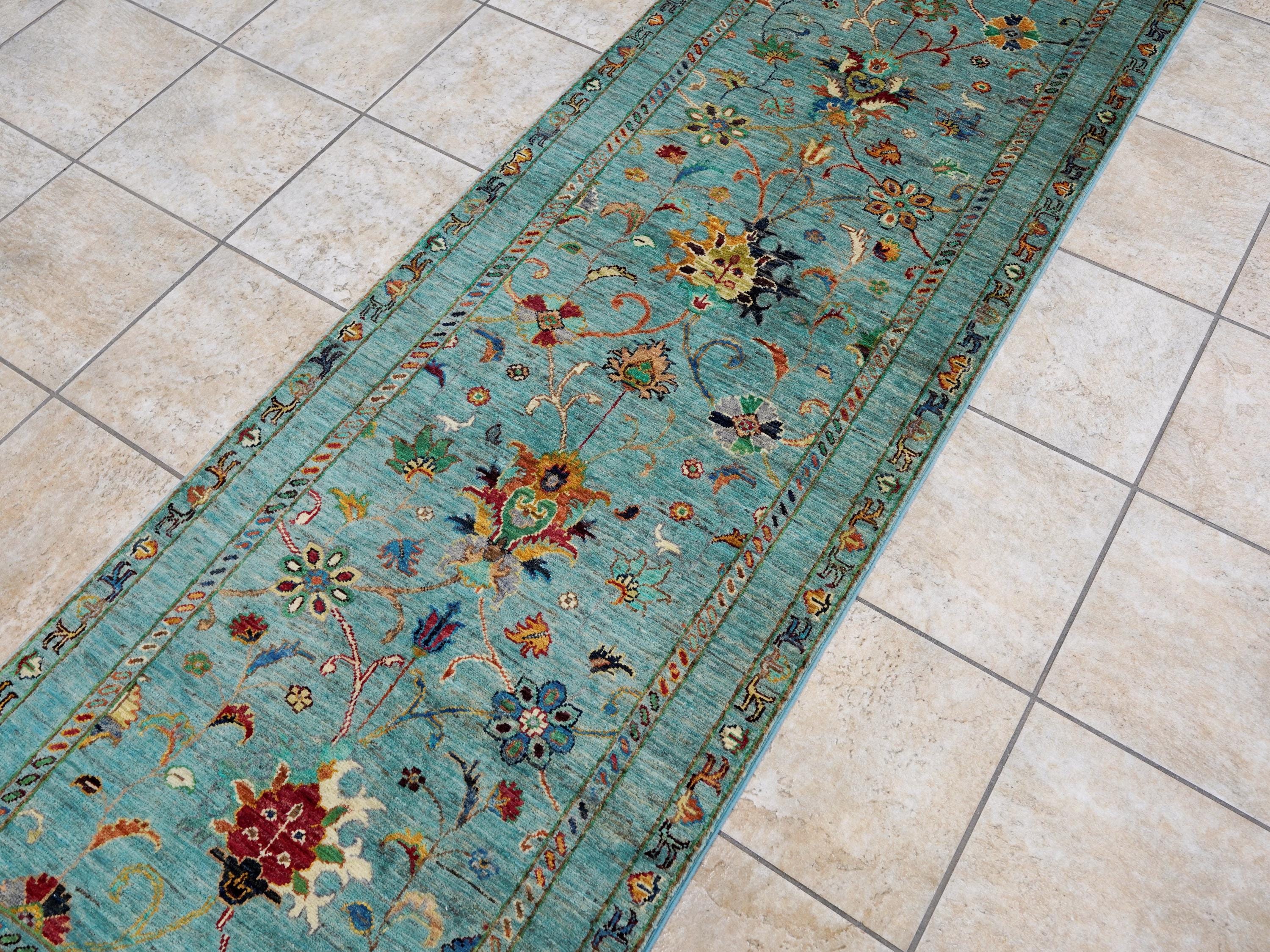9 Ft Cyan Serapi Runner Rug - Hand Knotted Hallway Rug - Persian Design