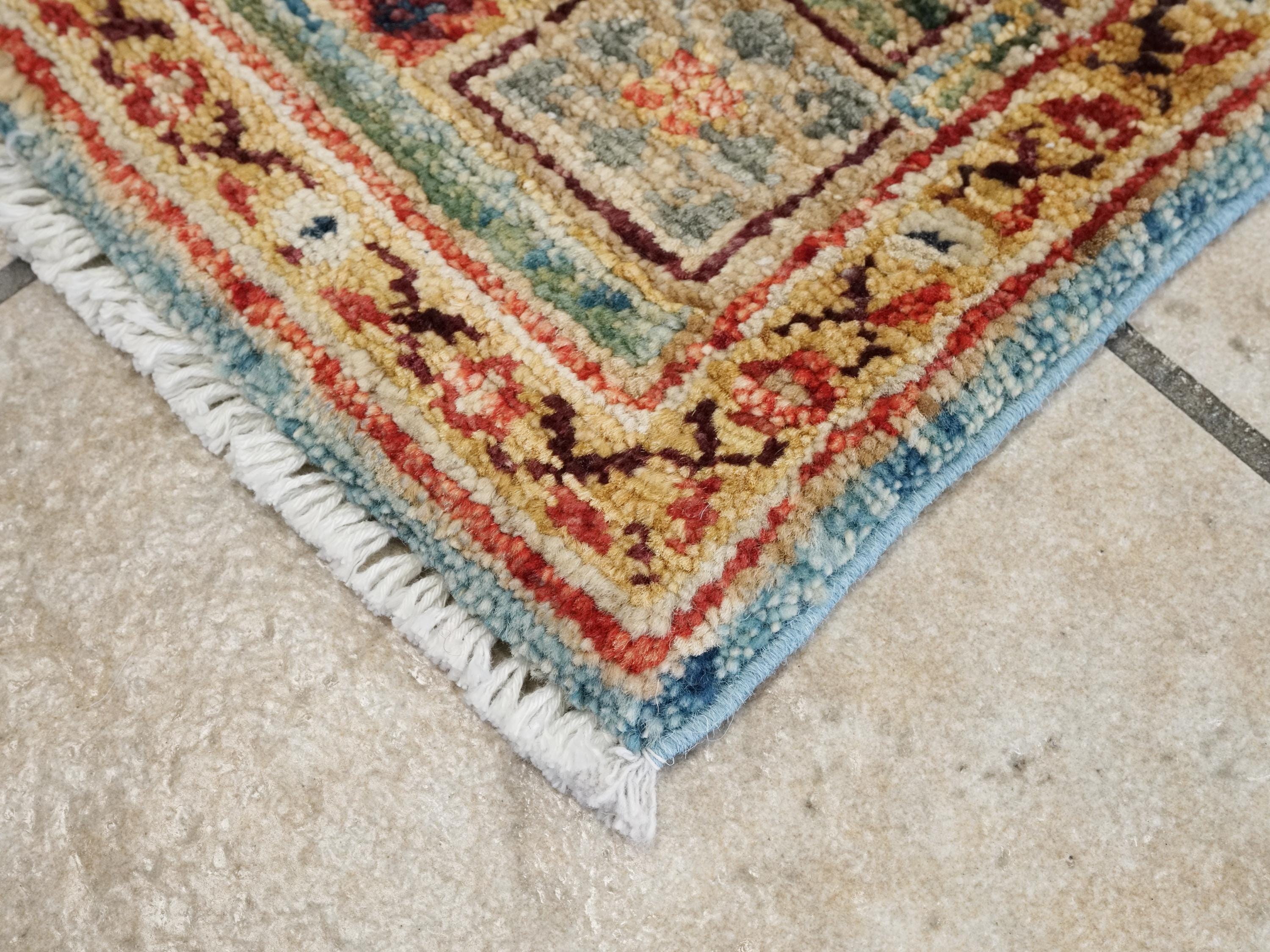 2x3 Ft Hand Knotted Wool Mamluk Rug - Light Blue Oriental Accent Rug