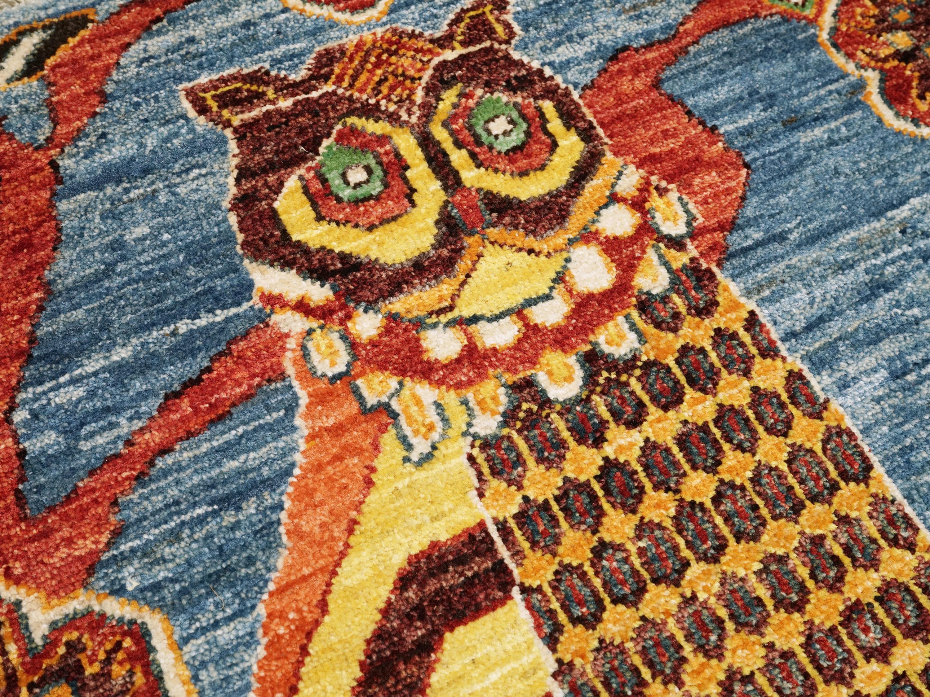 5x7 Ft Blue Owl Rug - Afghan Handmade Area Rug - Bird Design